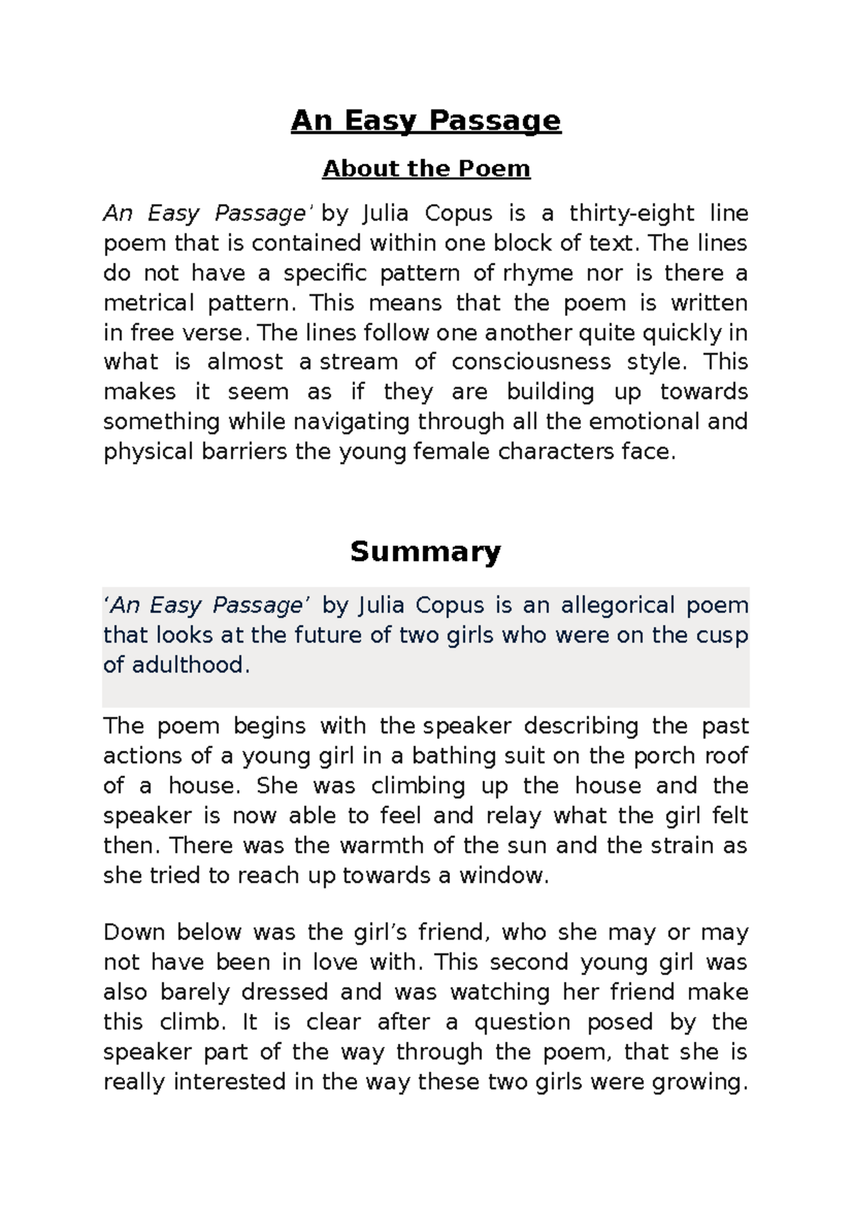 An Easy Passage Notes - An Easy Passage About the Poem An Easy Passage ...