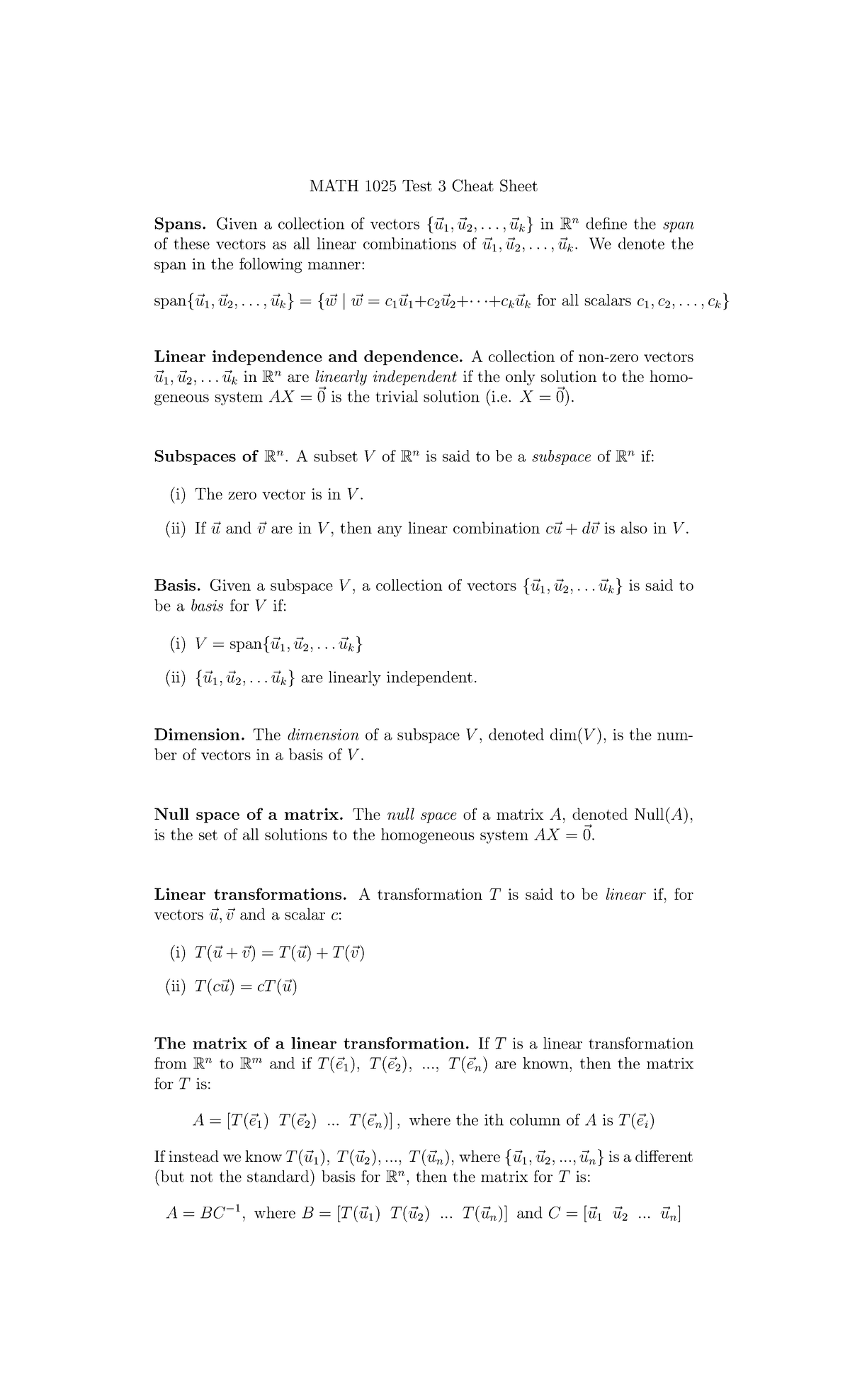 MATH 1025 Test 3 Cheat Sheet: Vectors and Linear Algebra Concepts - Studocu