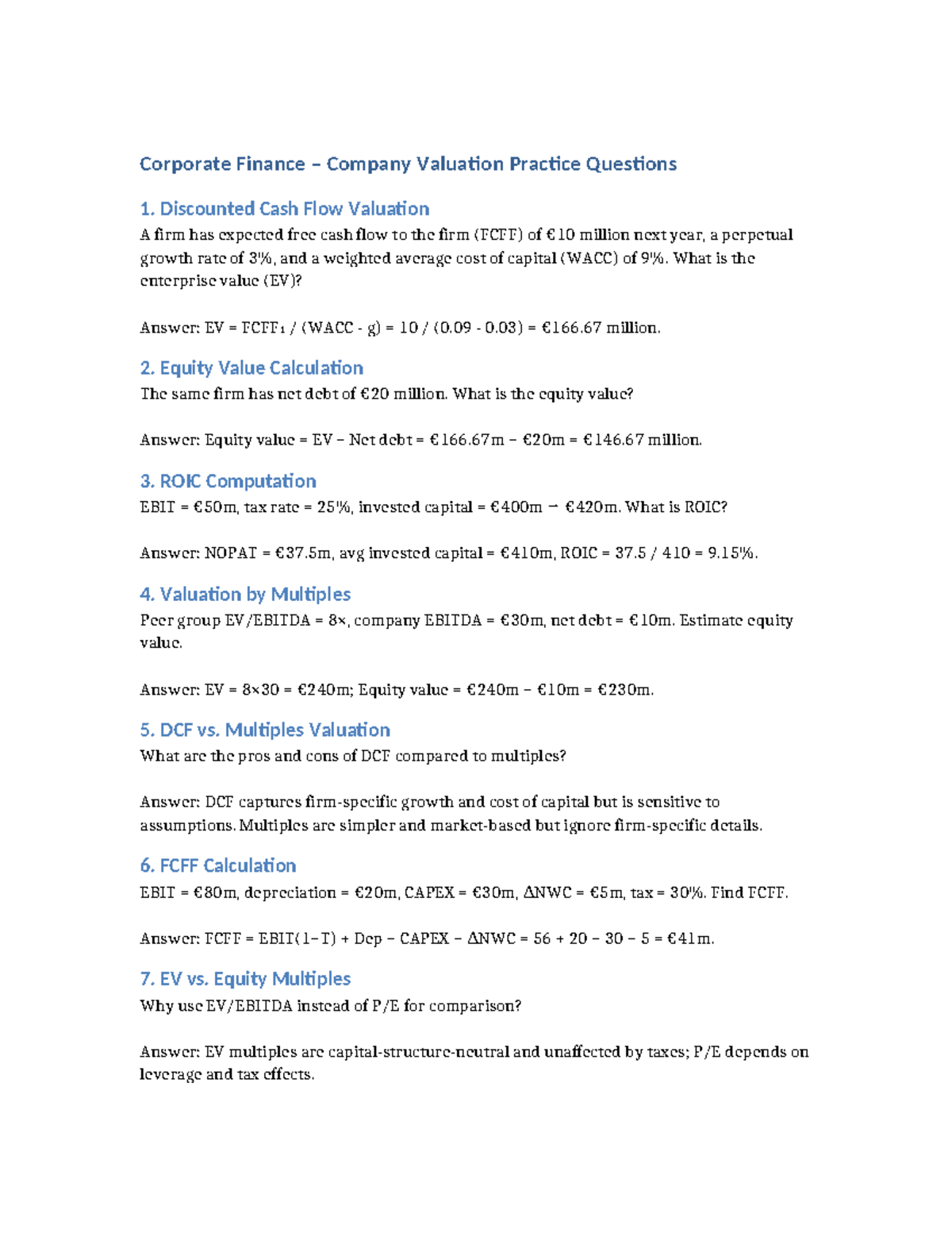 Corporate Finance (FIN 301) Valuation Practice Questions - Studeersnel