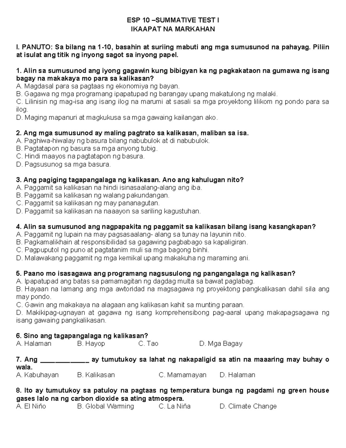Inbound 9086499306959114223 - ESP 10 –SUMMATIVE TEST I IKAAPAT NA ...