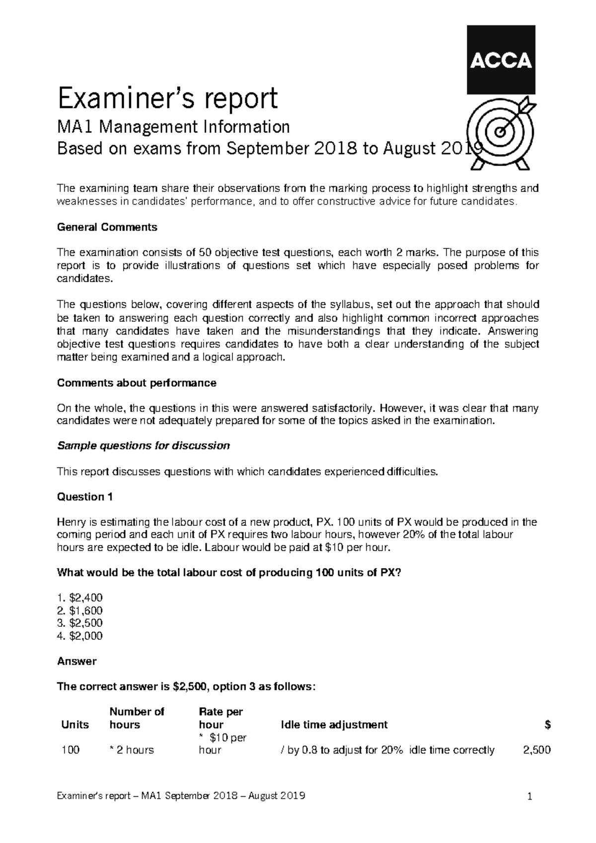 Ma1 examreport Sept18 Aug19 - Examiner’s report MA1 Management ...