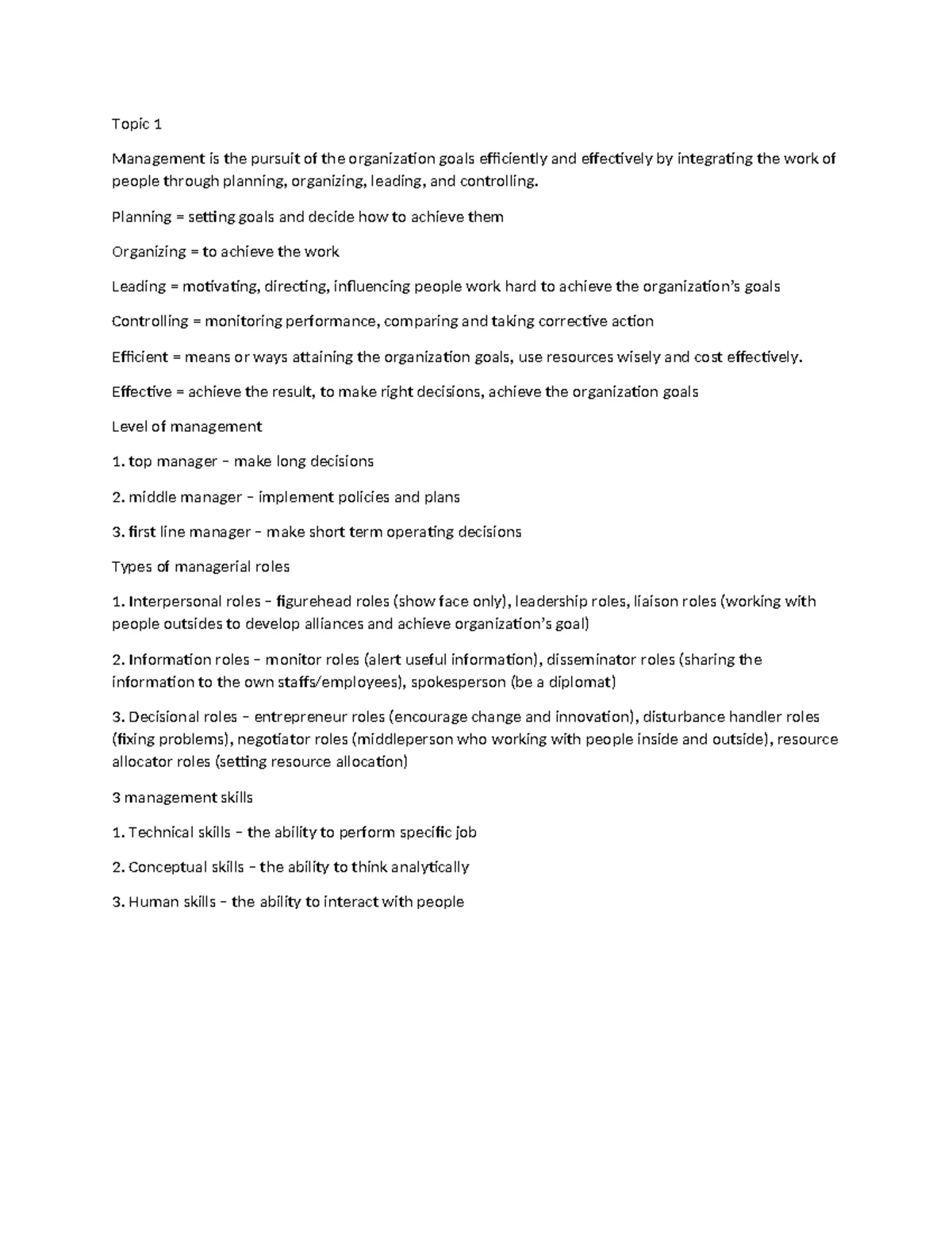 Management 101: Intro to Principles & Roles (Topic 1 Notes) - Studocu