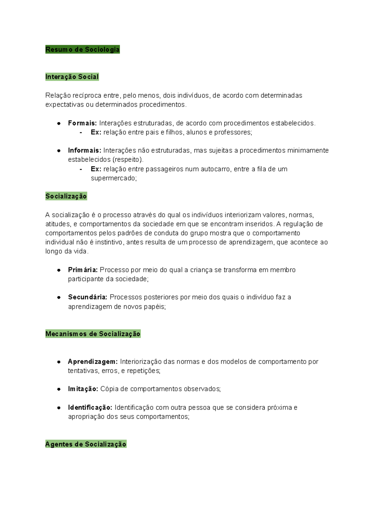 Resumo de Sociologia 12: Interação Social e Socialização - Studocu
