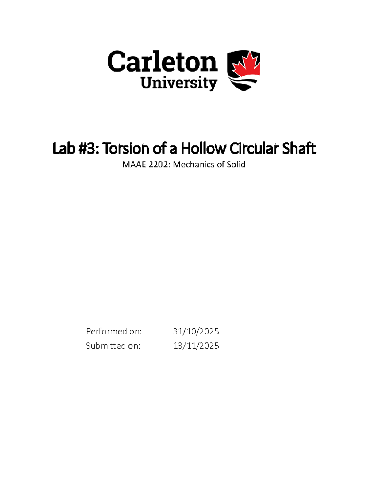 MAAE 2202 Lab 3 Report: Torsion of a Hollow Circular Shaft - Studocu