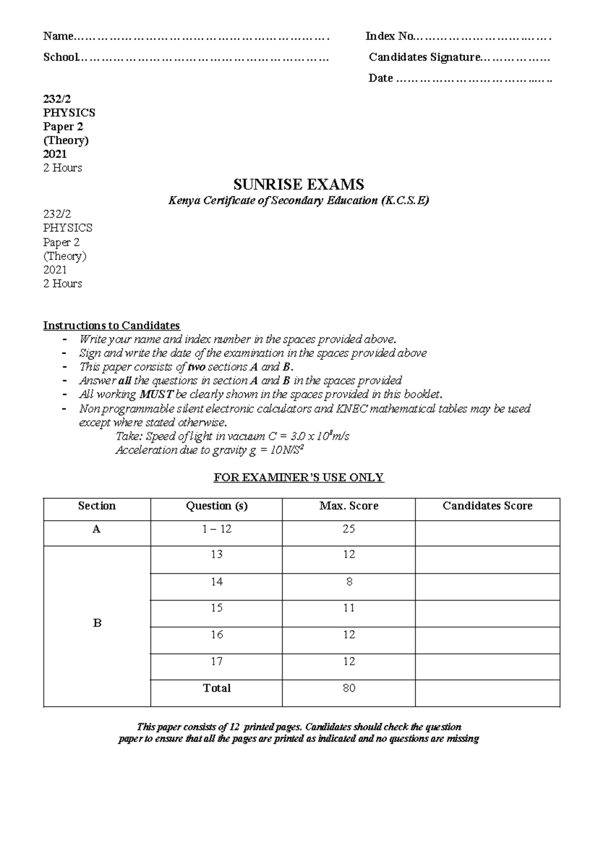 232 F4 Physics P2 (Theory) 2021 Exam Questions and Solutions - Studocu