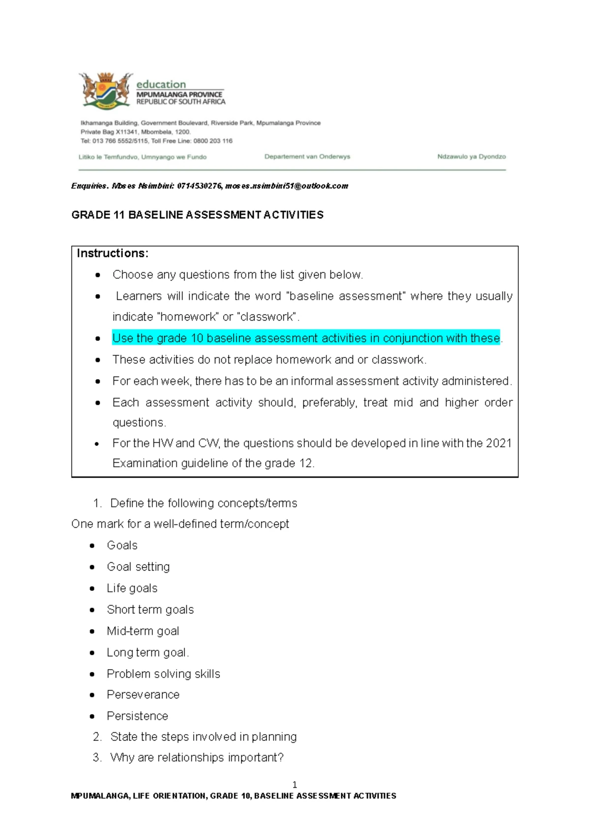 EMS Grade 8 Term 1 Controlled Test Questions JTG 2024-1 - Studocu