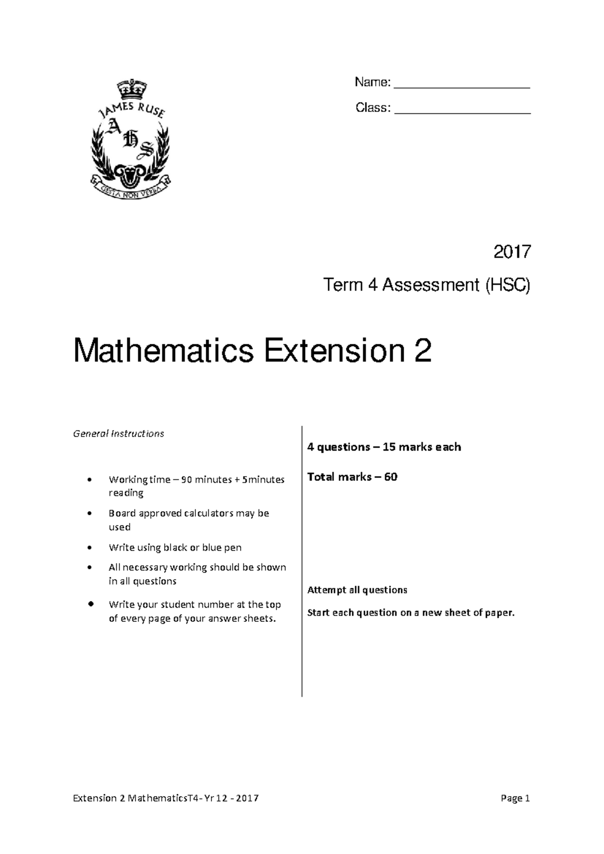 Mathematics Extension 2 Term 4 Assessment 2017 - Detailed Solutions ...