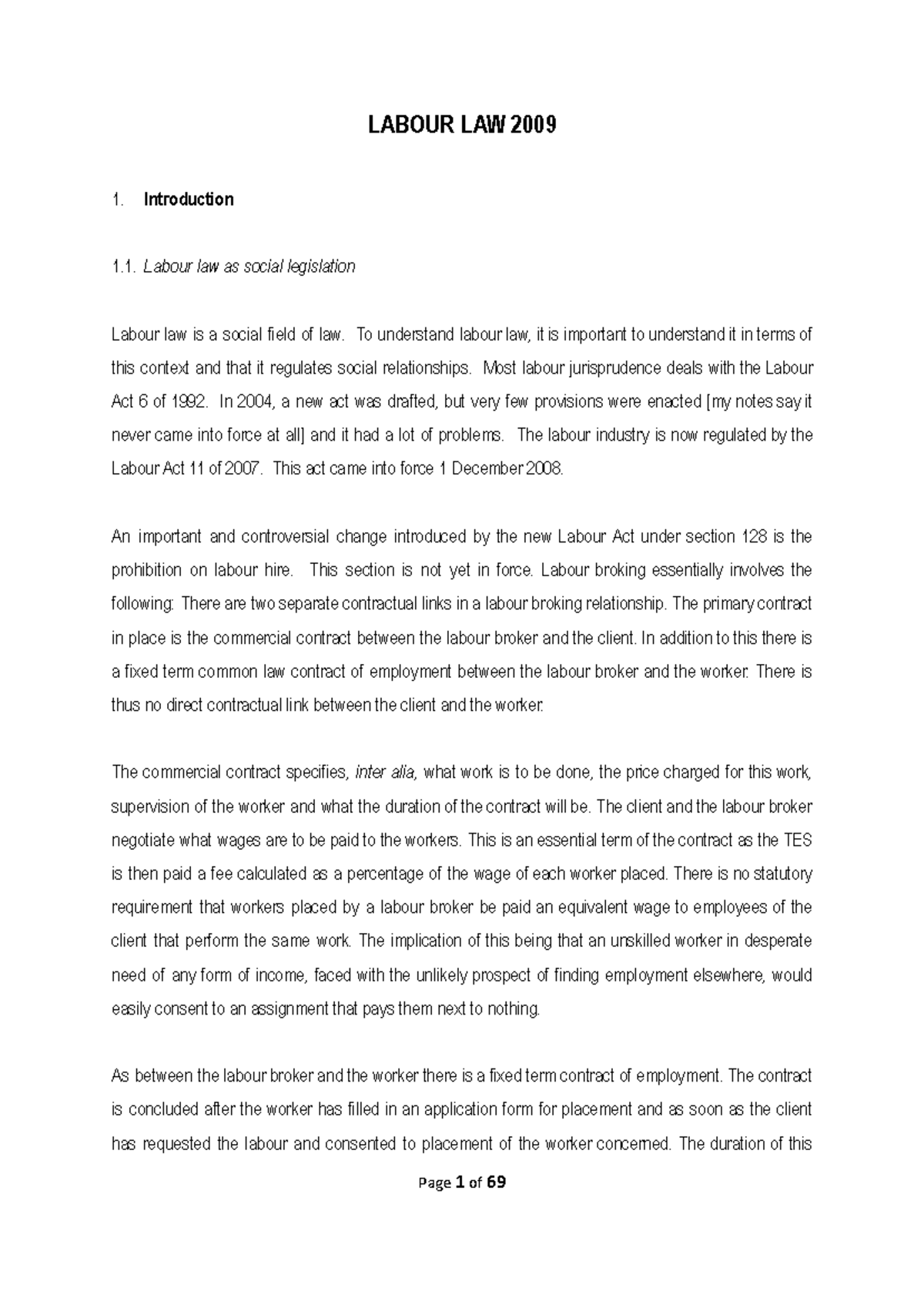 Labour Law Exam Study Notes - LABOUR LAW 2009 Introduction Labour law ...