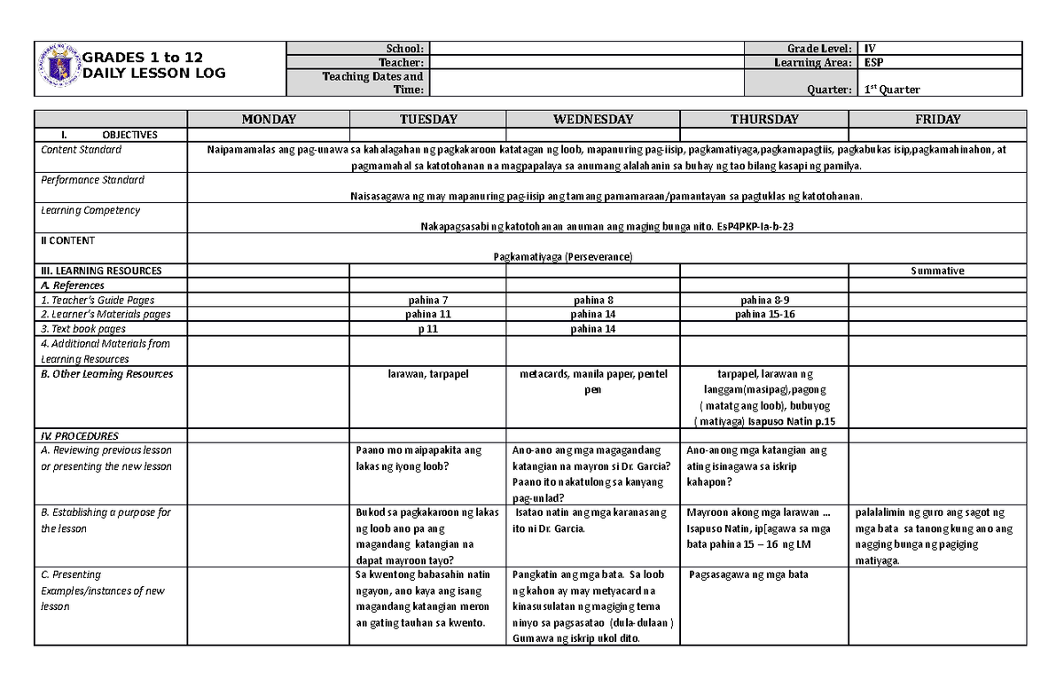 DLL ESP 4 Q1 W2 - N/A - GRADES 1 to 12 DAILY LESSON LOG School: Grade ...