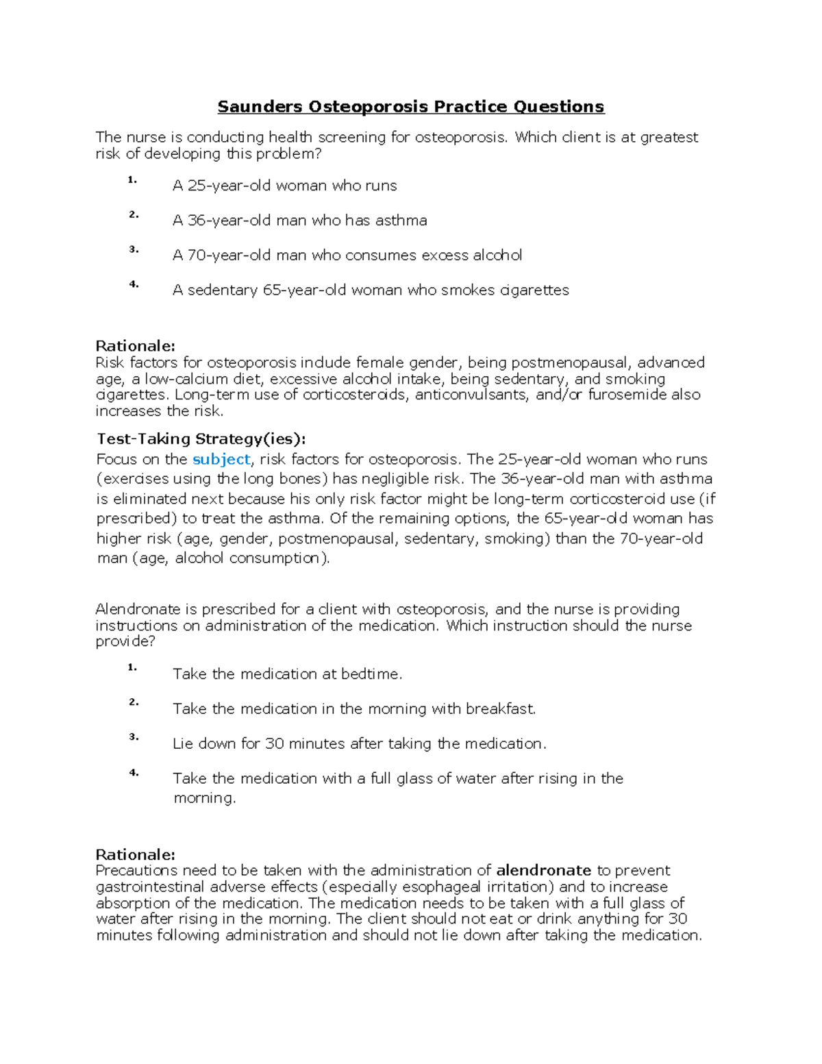 Saunders Osteoporosis Practice Questions: Risk Factors & Dietary Info ...