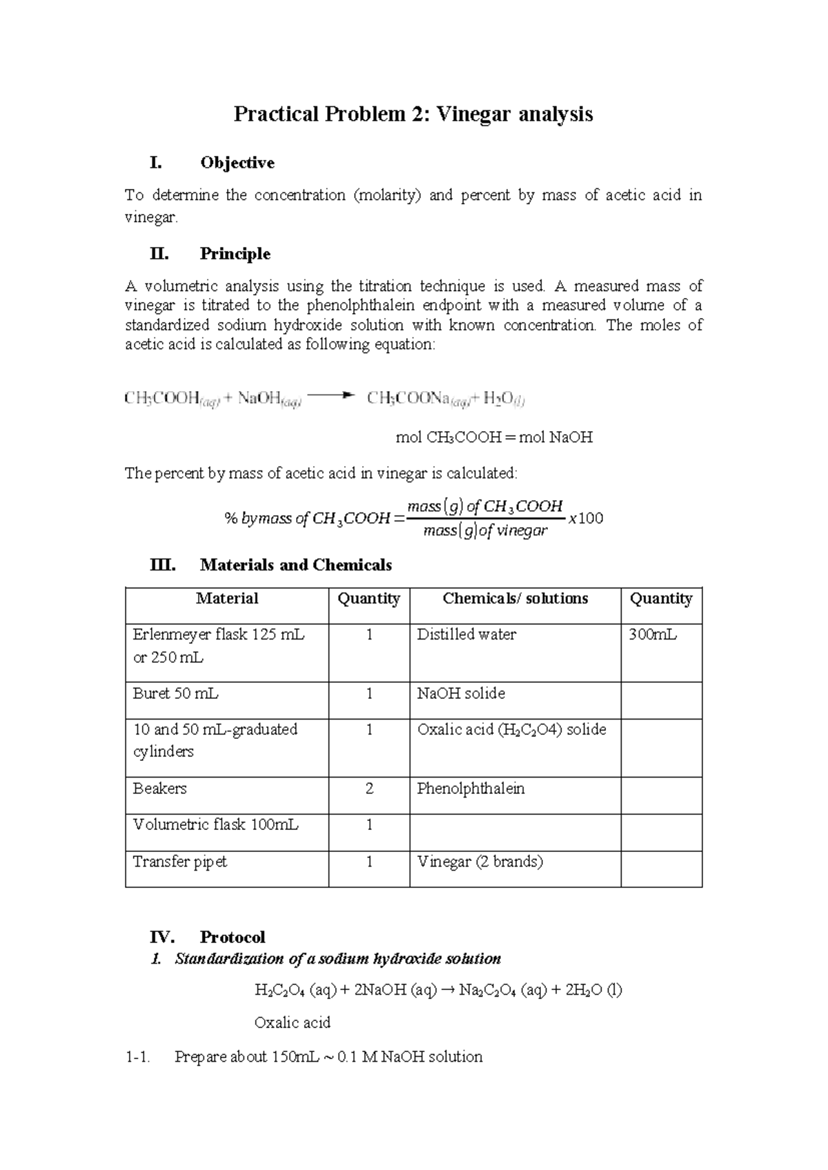 Practical II: Acetic Acid Concentration in Vinegar Analysis - Studocu
