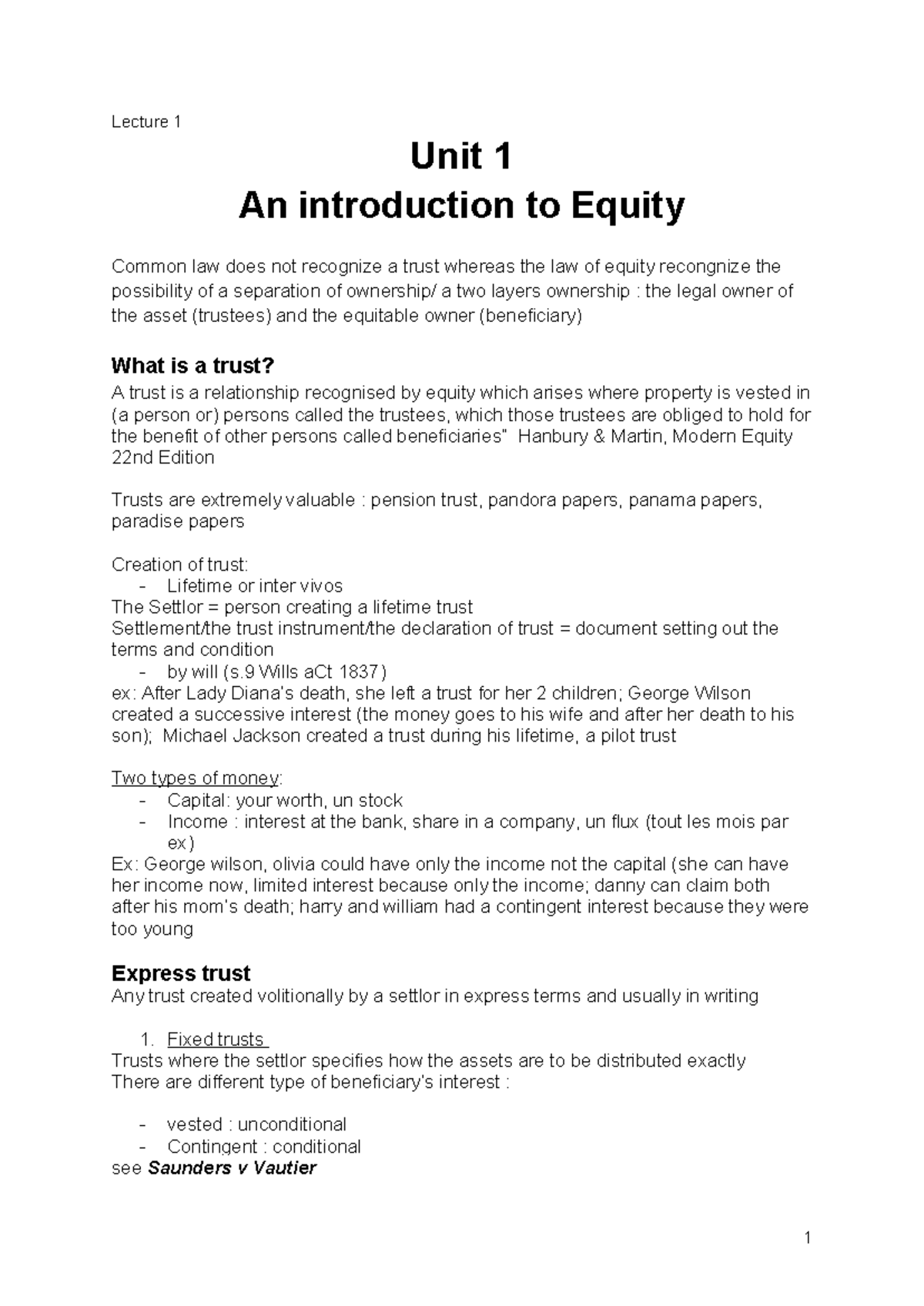 Unit 1 - Lecture Notes on Equity and Trusts - Studocu