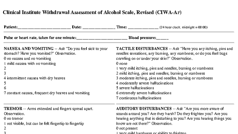 CIWAr - Clinical Institute Withdrawal Assessment of Alcohol Scale - Studocu