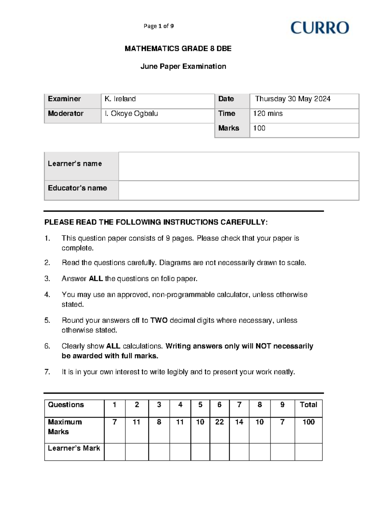 Grade 8 Mathematics DBE June 2024 Examination Paper - Studocu