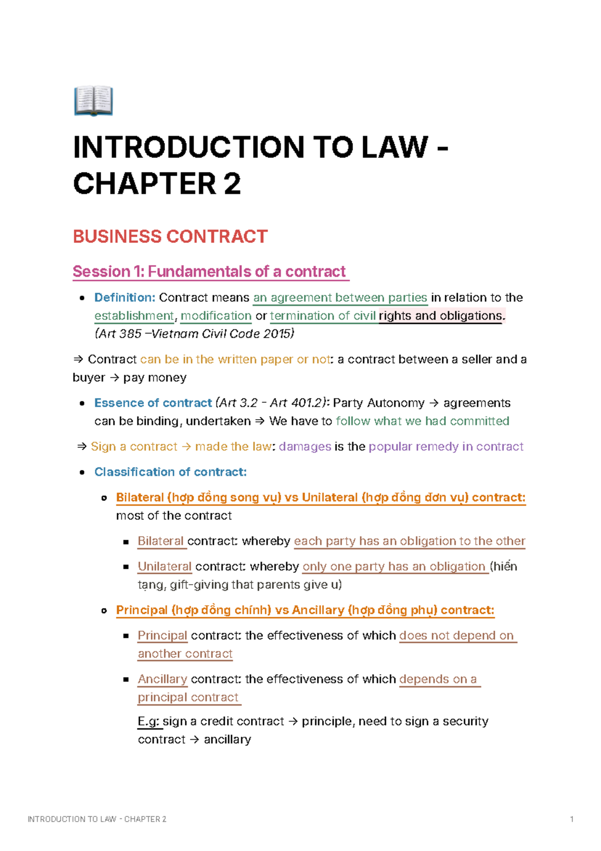 LAW 2 - thay Tam - 📖 INTRODUCTION TO LAW - CHAPTER 2 BUSINESS CONTRACT ...