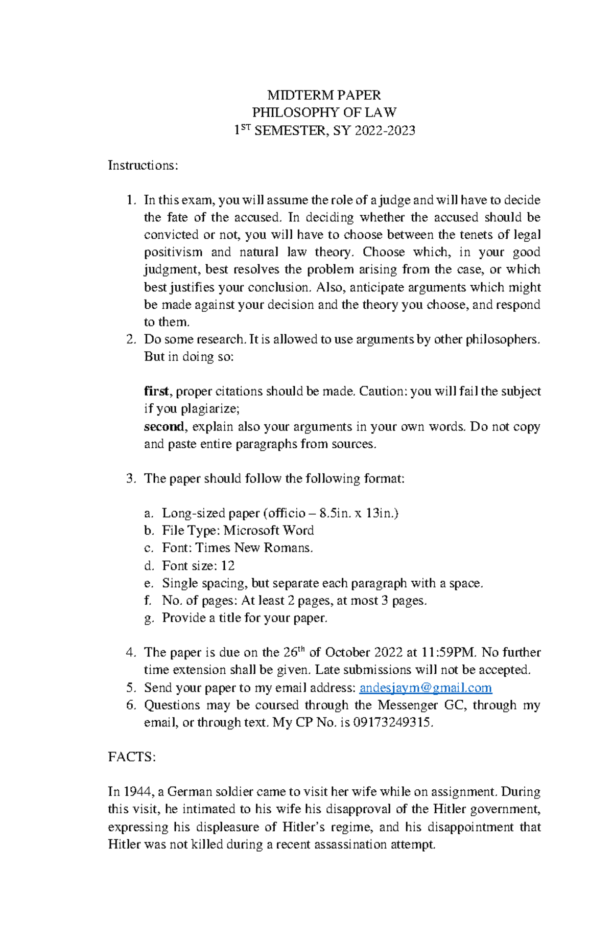 Philosophy of Law Midterm Exam (1st Sem, SY 2022) - Judge's Dilemma ...