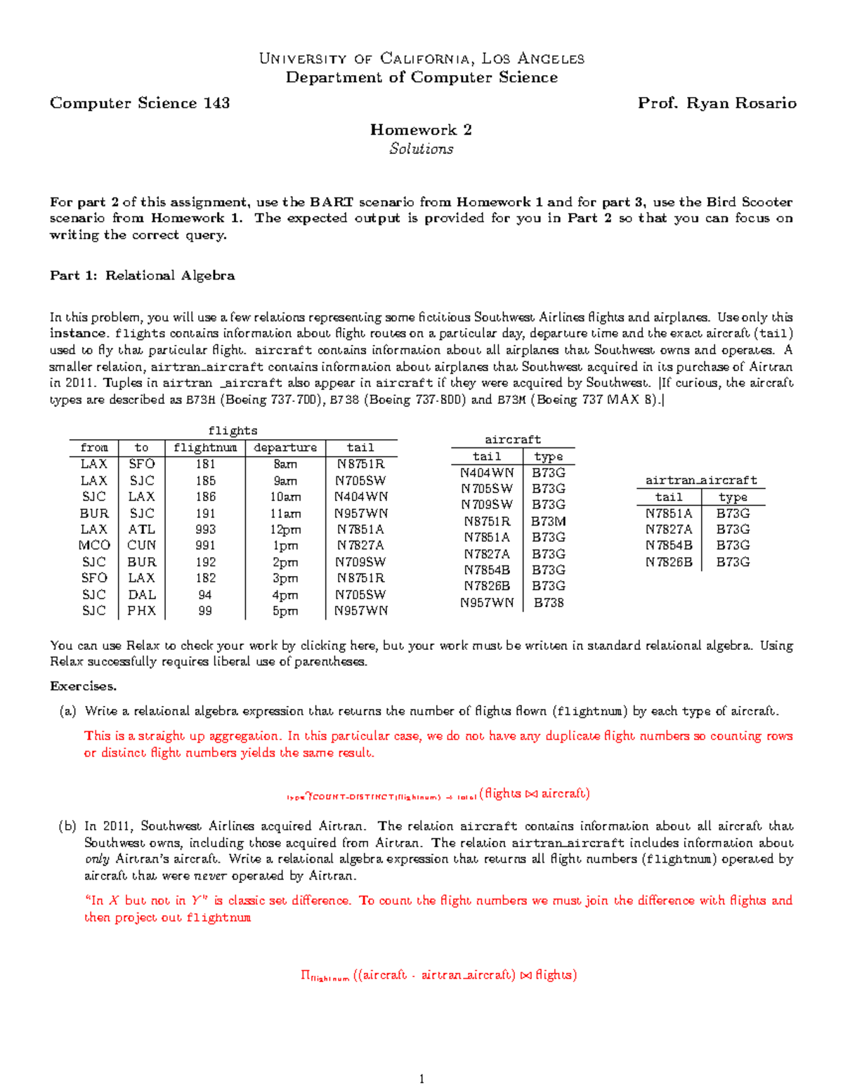 CS143 22S Homework 2 Solutions and Queries in Relational Algebra and ...