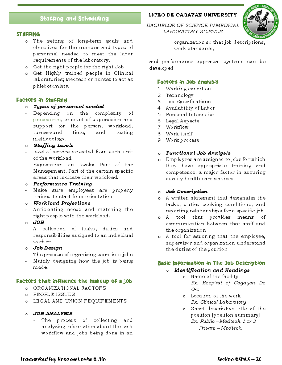 LEC 4 Staffing and Scheduling in Clinical Laboratories - Studocu