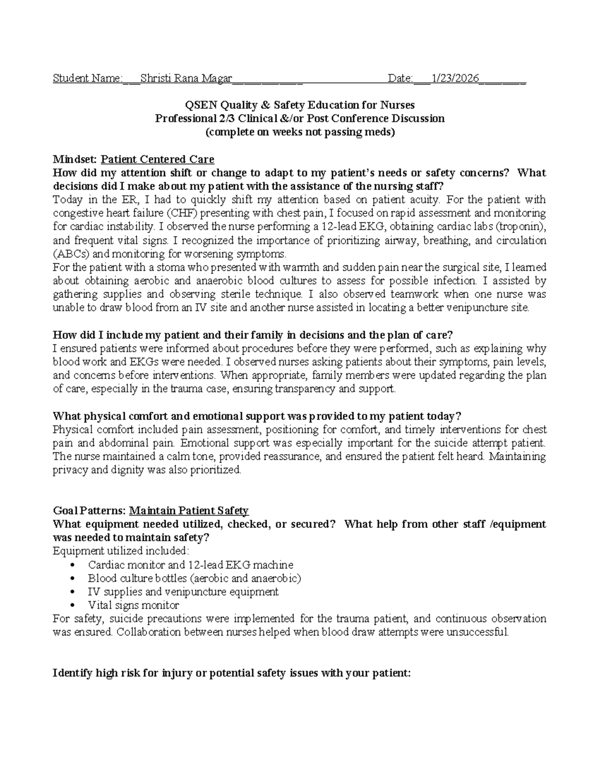 QSEN Prof 2 & 3: Quality & Safety in Nursing Clinical Reflections - Studocu