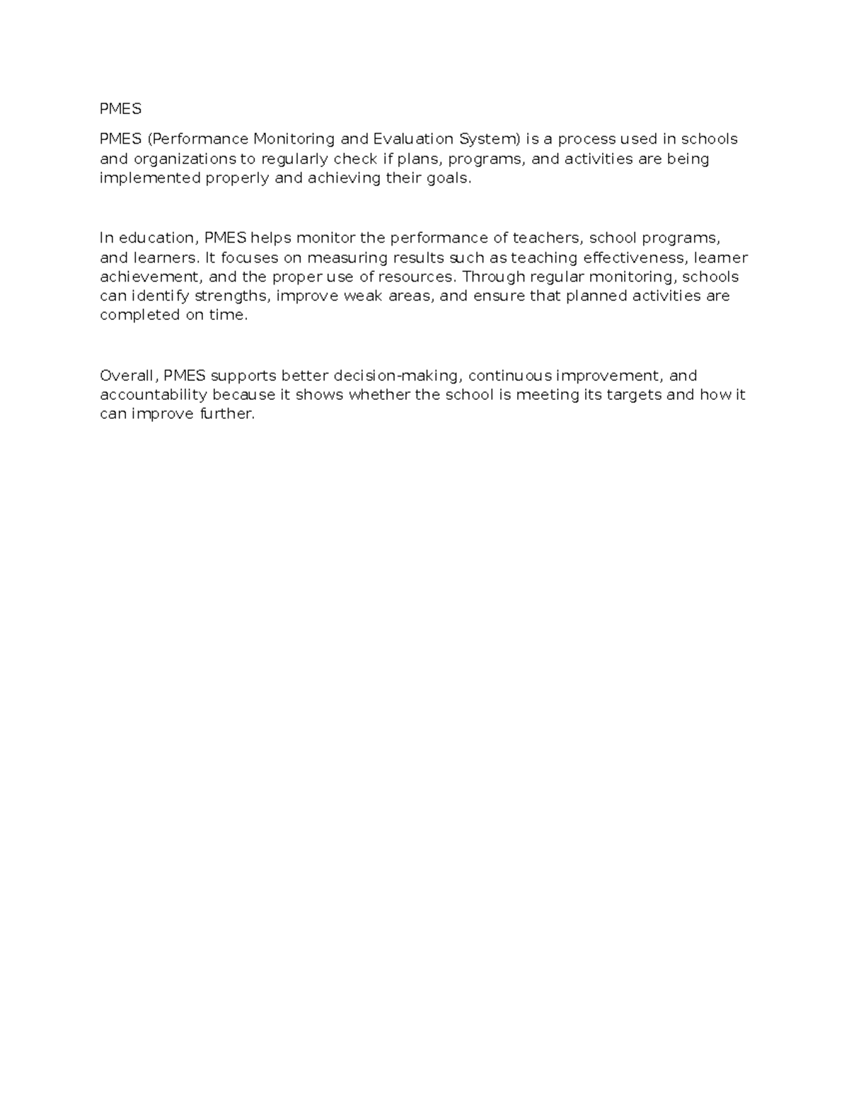 PMES: Performance Monitoring & Evaluation System Overview - Studocu