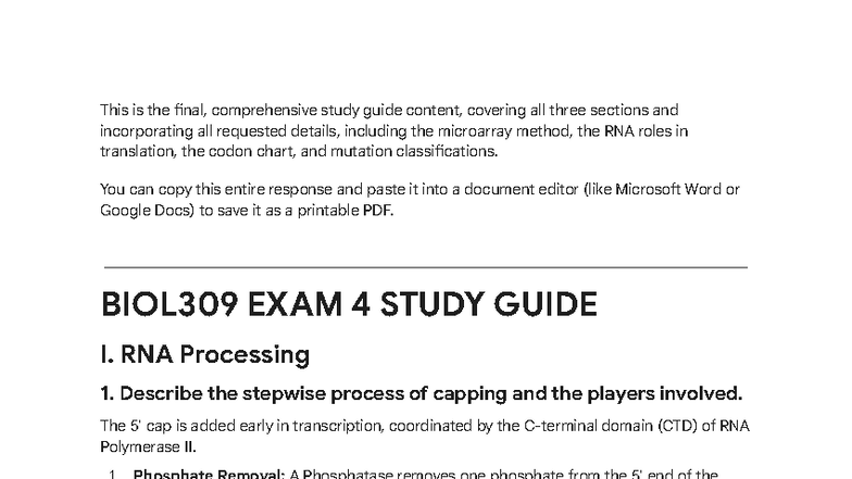 BIOL309 EXAM 4 STUDY GUIDE: RNA Processing, Translation & DNA Repair ...