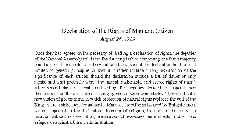 Declaration of the Rights of Man and Citizen (1789) - Key Principles ...