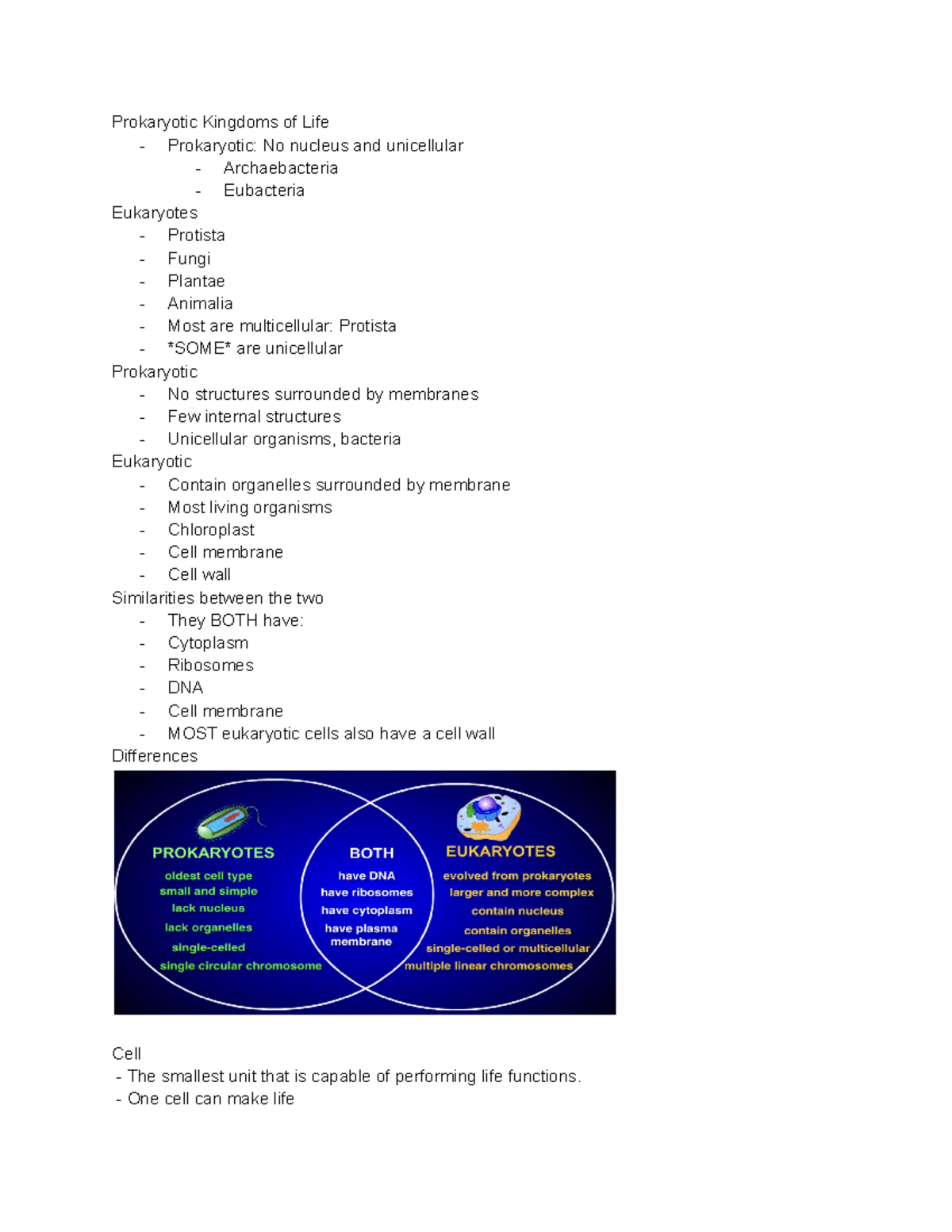 Biology Notes - Cells - Prokaryotic Kingdoms of Life - Prokaryotic: No ...