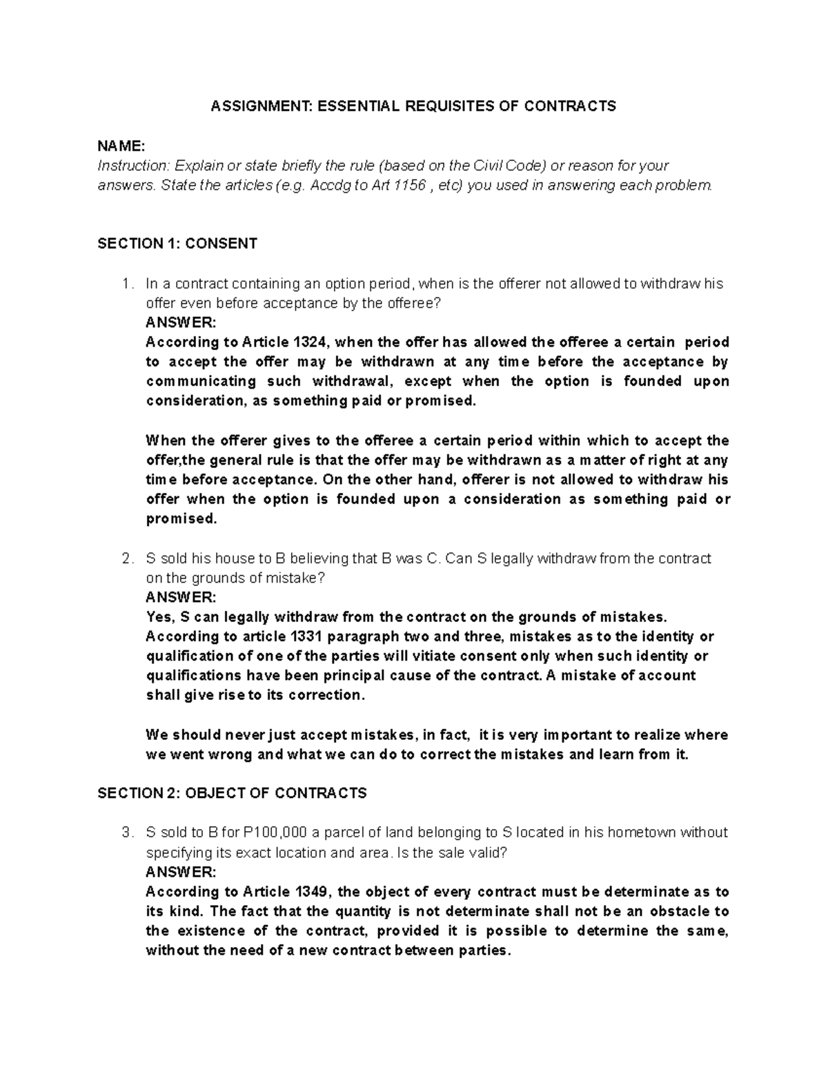 Essential Requisites of Contracts: Assignment & Analysis - Studocu