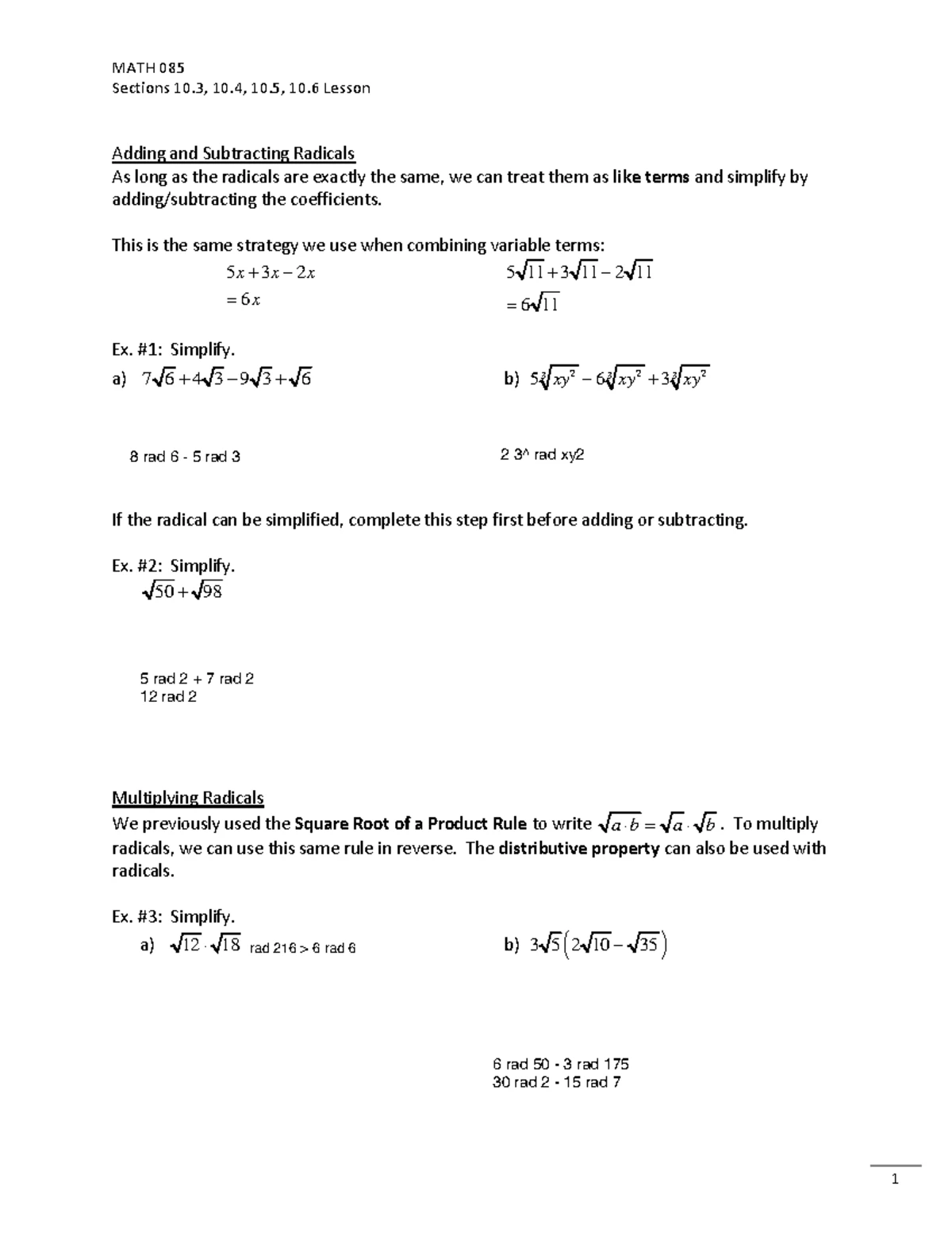 MATH 085 Lesson on Square Roots and Radicals (Sections 10.1, 10.2 ...