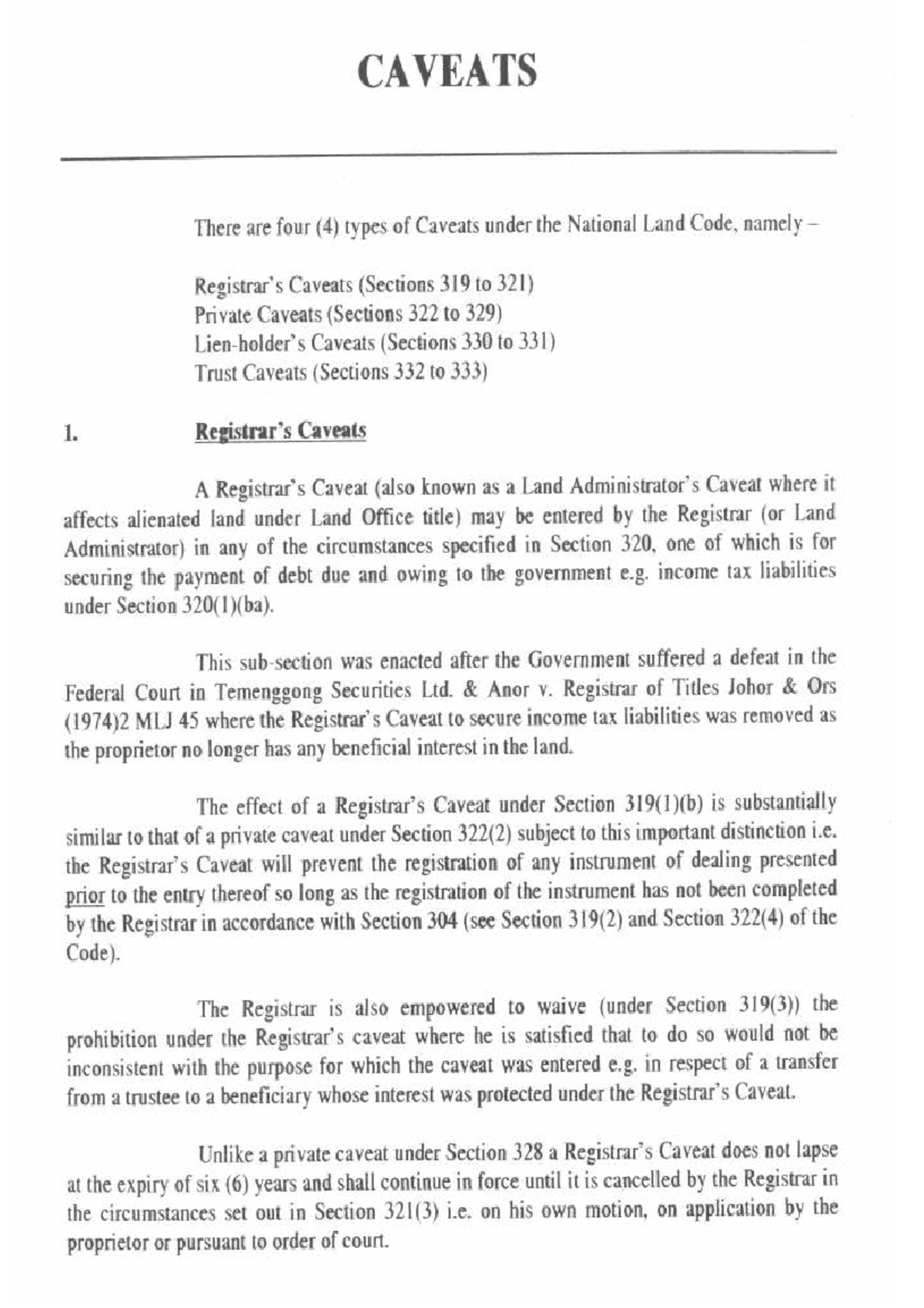 Caveats Under National Land Code: Types and Implications - Studocu