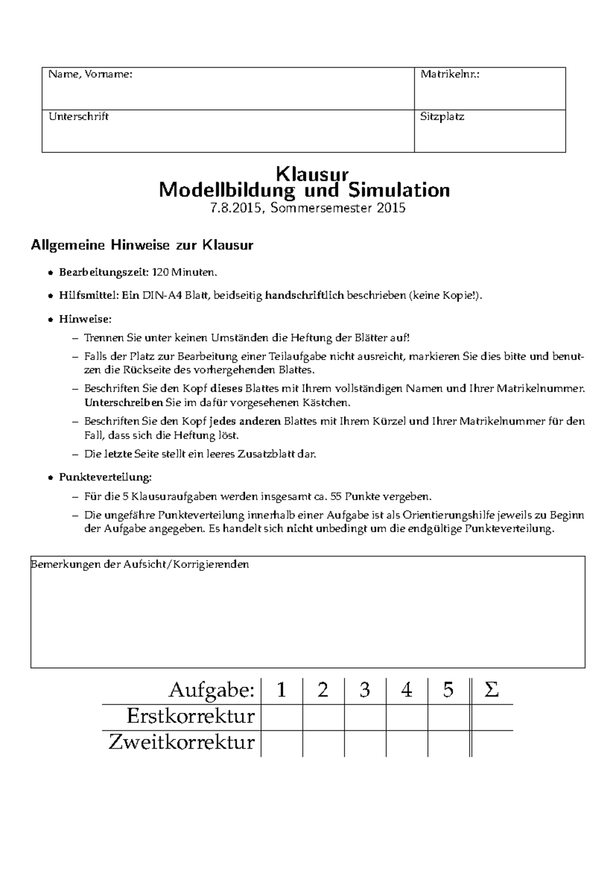 Modellbildung und Simulation Klausur SS 2015 - Alte Prüfung - Document Preview