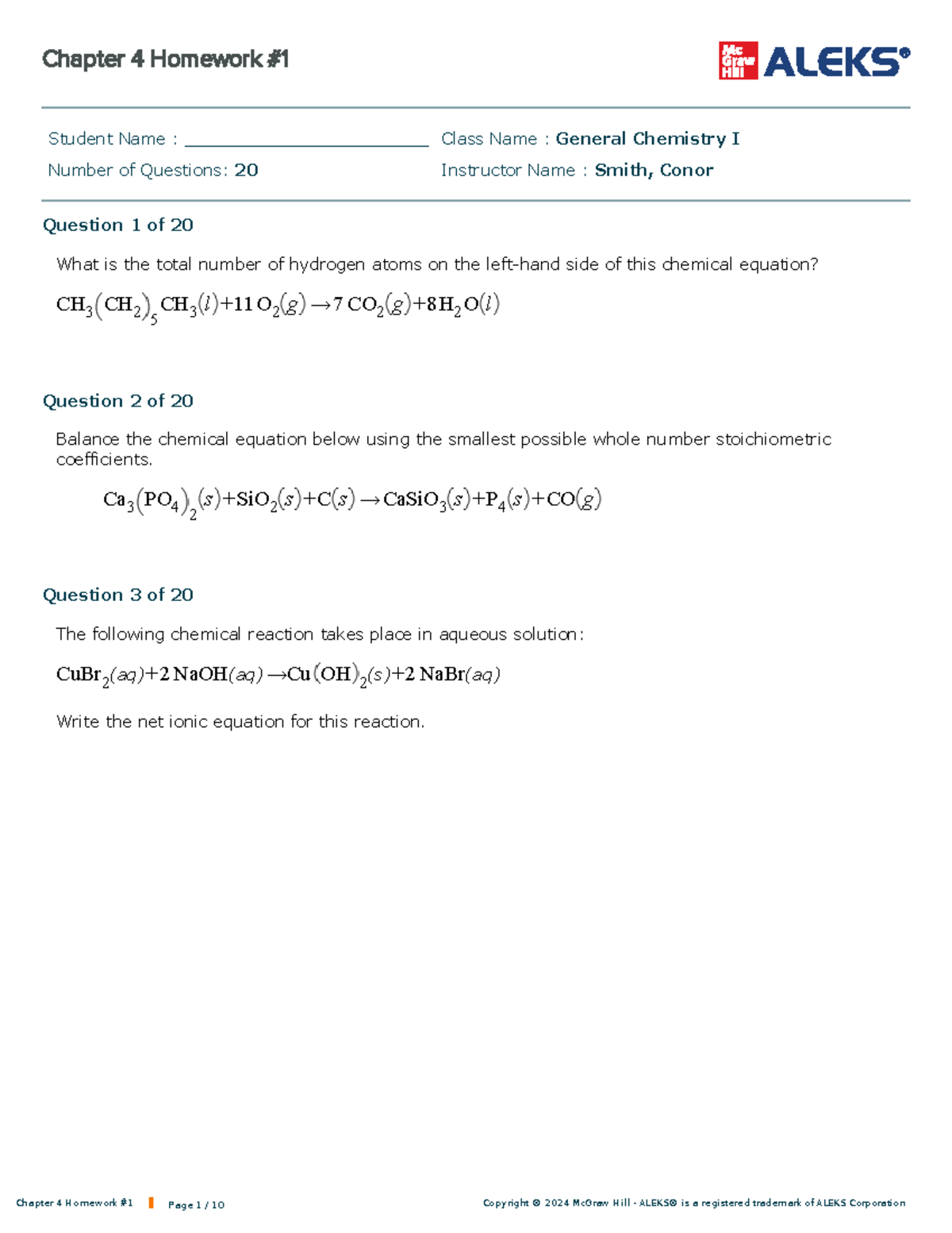 General Chemistry I - Chapter 4 Homework #1 (20 Questions) - Studocu