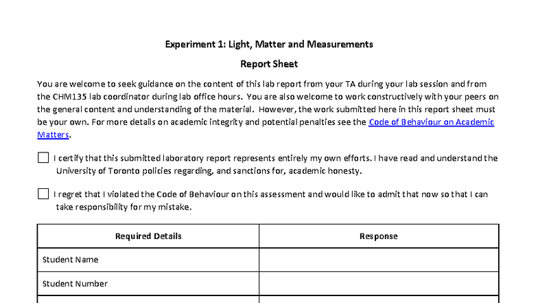 CHM135 Lab 1: Light, Matter & Measurements Report Sheet - Studocu