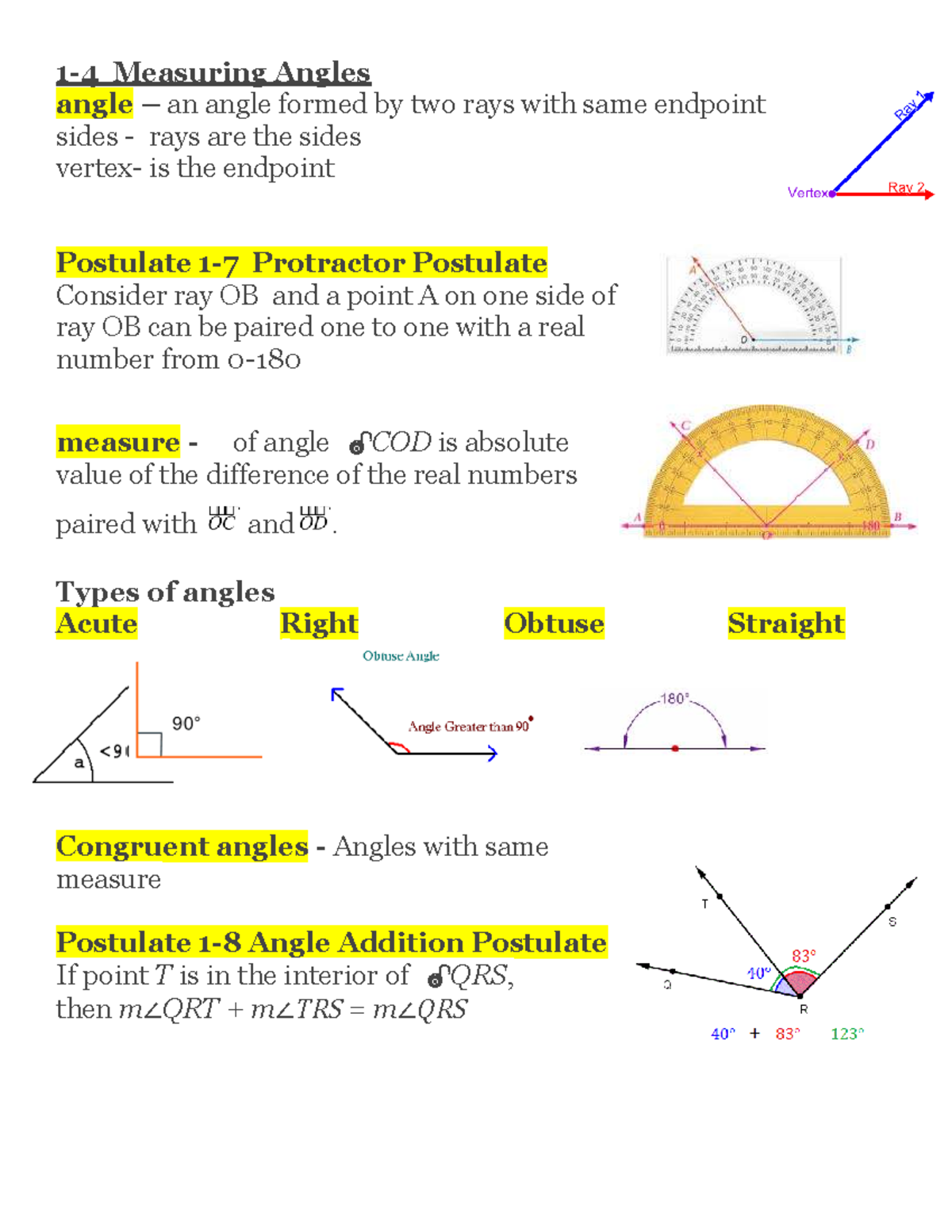 1.4 Geometry Notes - 1-4 Measuring Angles angle – an angle formed by ...