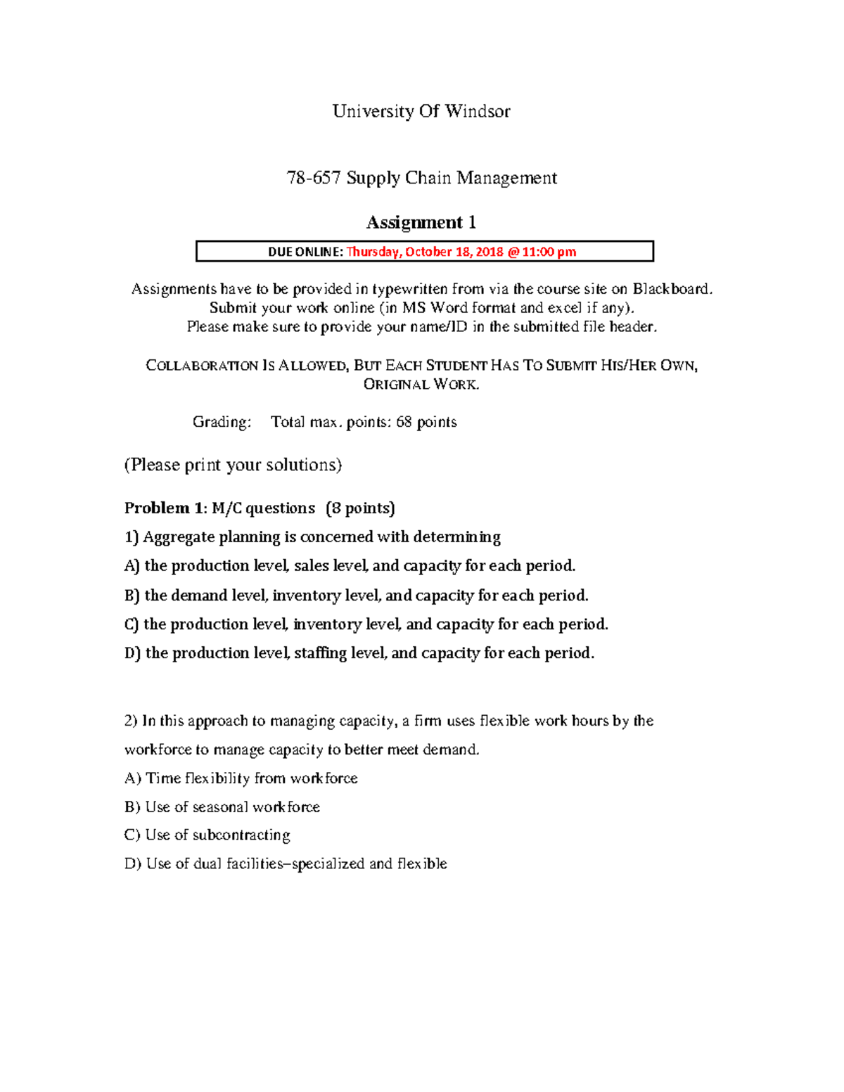 78-657 Supply Chain Management Assignment 1: Aggregate Planning & LP ...