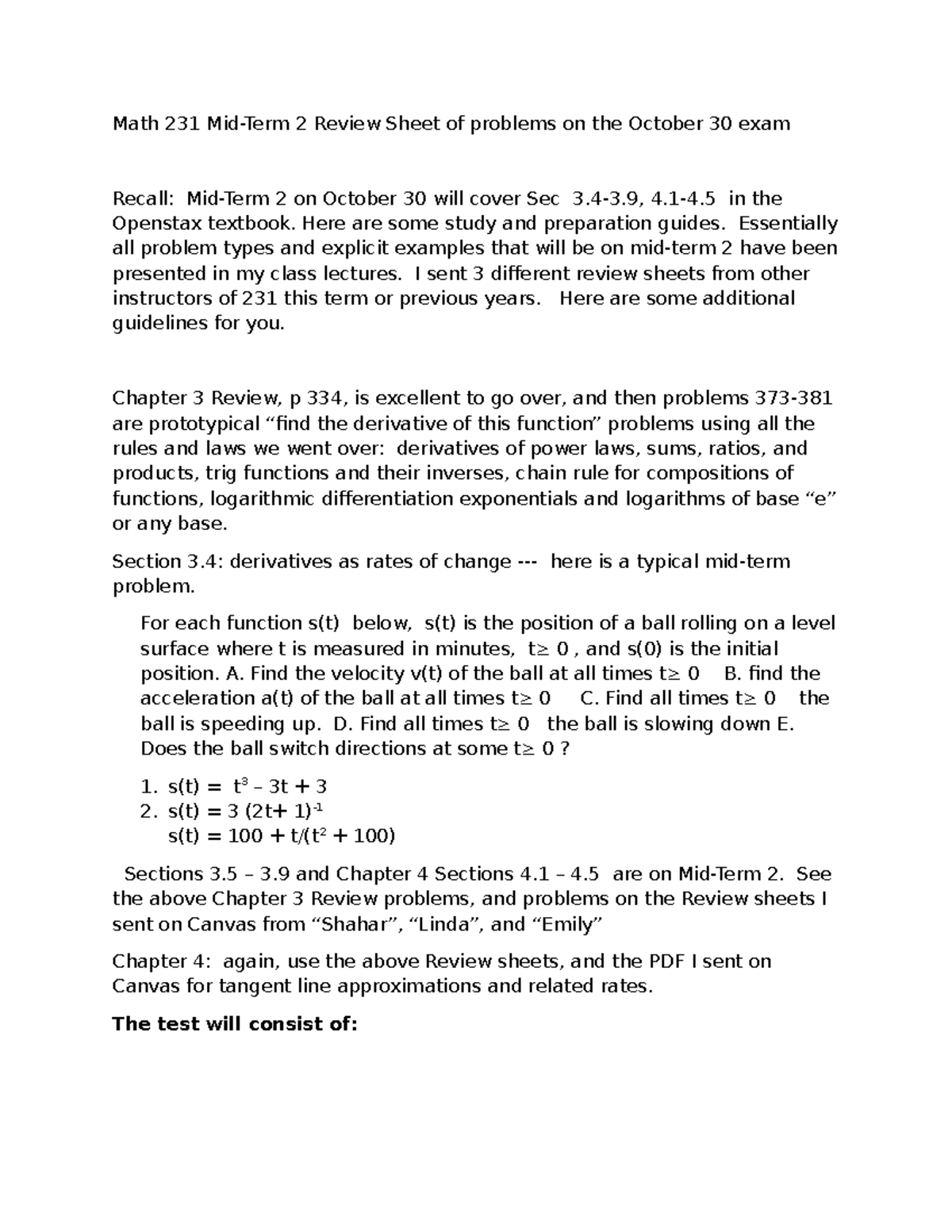 Math 231.004 Mid-Term 2 Review: Key Problems & Guidelines - Studocu