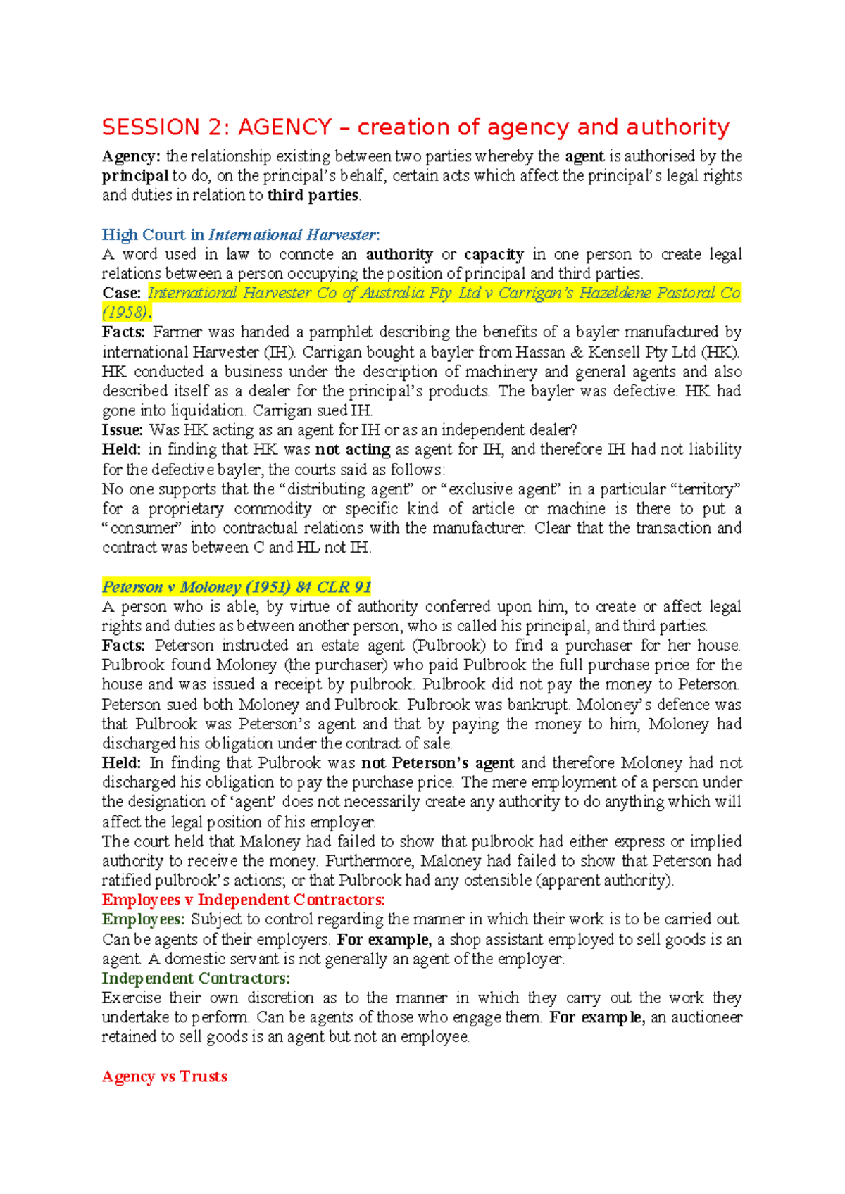 Session 2: Agency Creation & Authority - Class Notes - Studocu