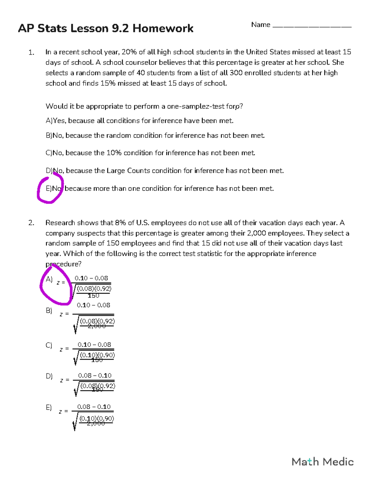 AP Stats 9.2 Homework: Inference Procedures & Conditions - Studocu