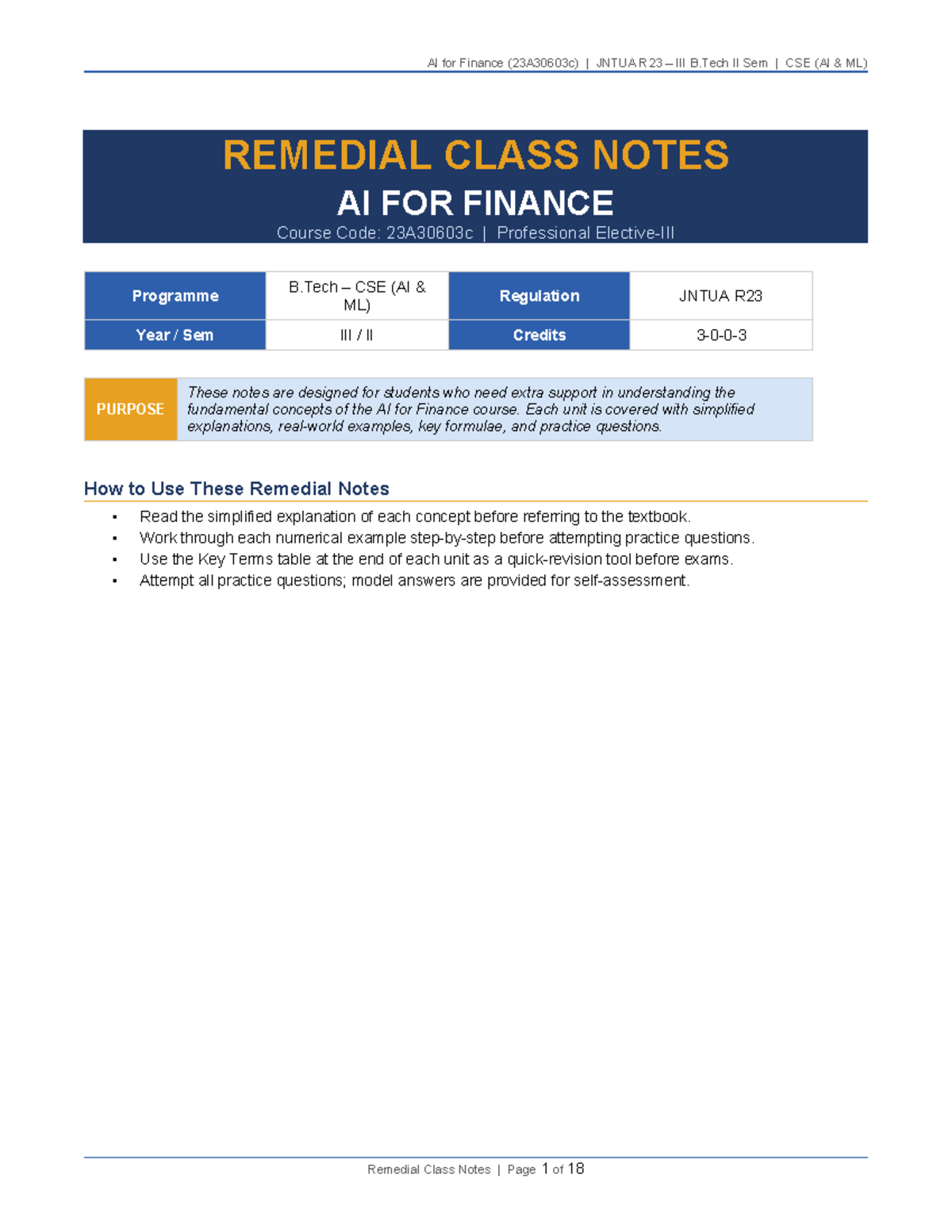 AI for Finance Remedial Class Notes (23A30603c) JNTUA R23 B.Tech II Sem ...