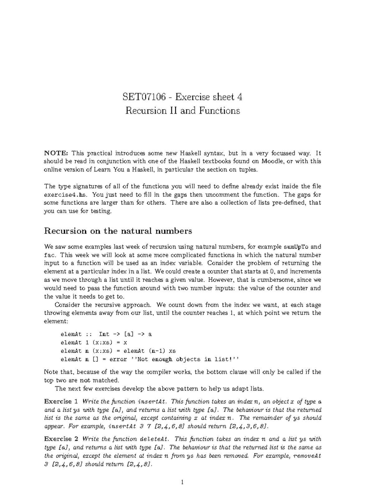 SET07106 - Recursion and Functions II - Exercise Sheet 4 - Studocu
