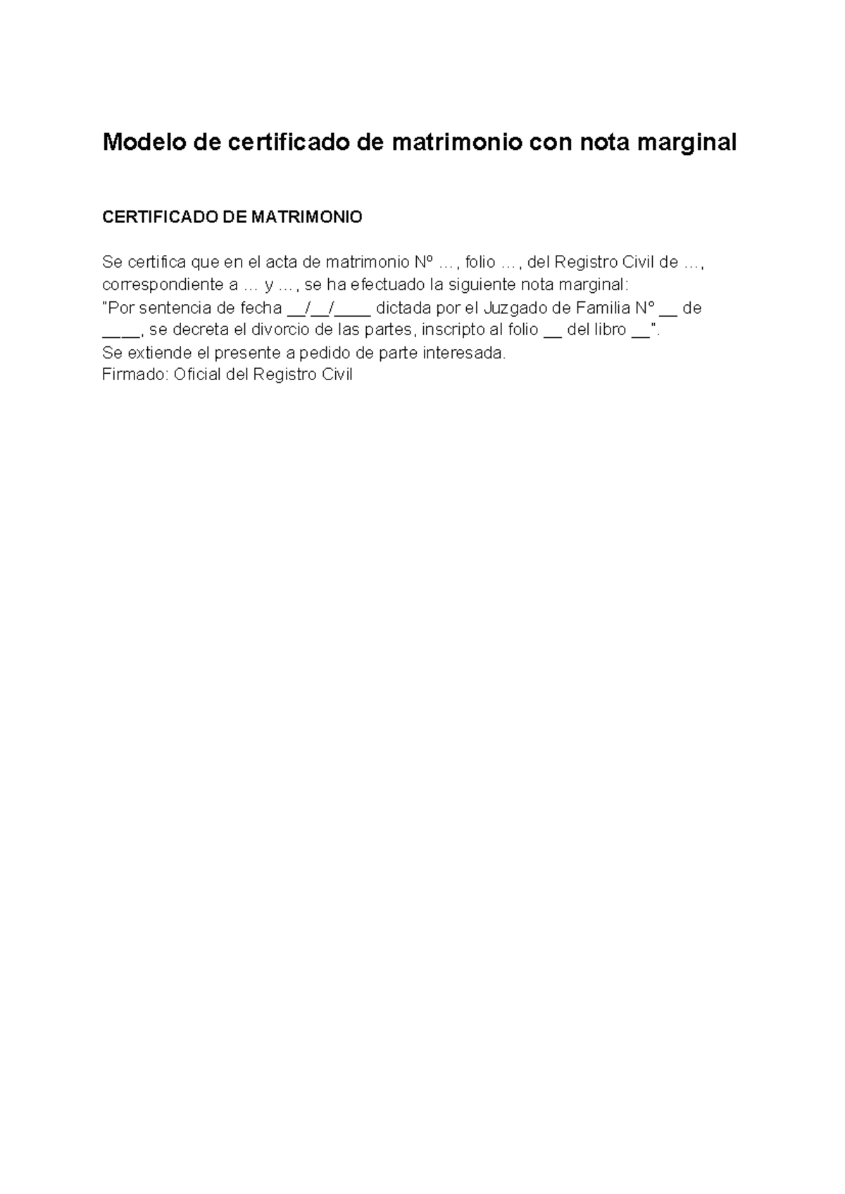 Modelo de certificado de matrimonio con nota marginal - Modelo de ...