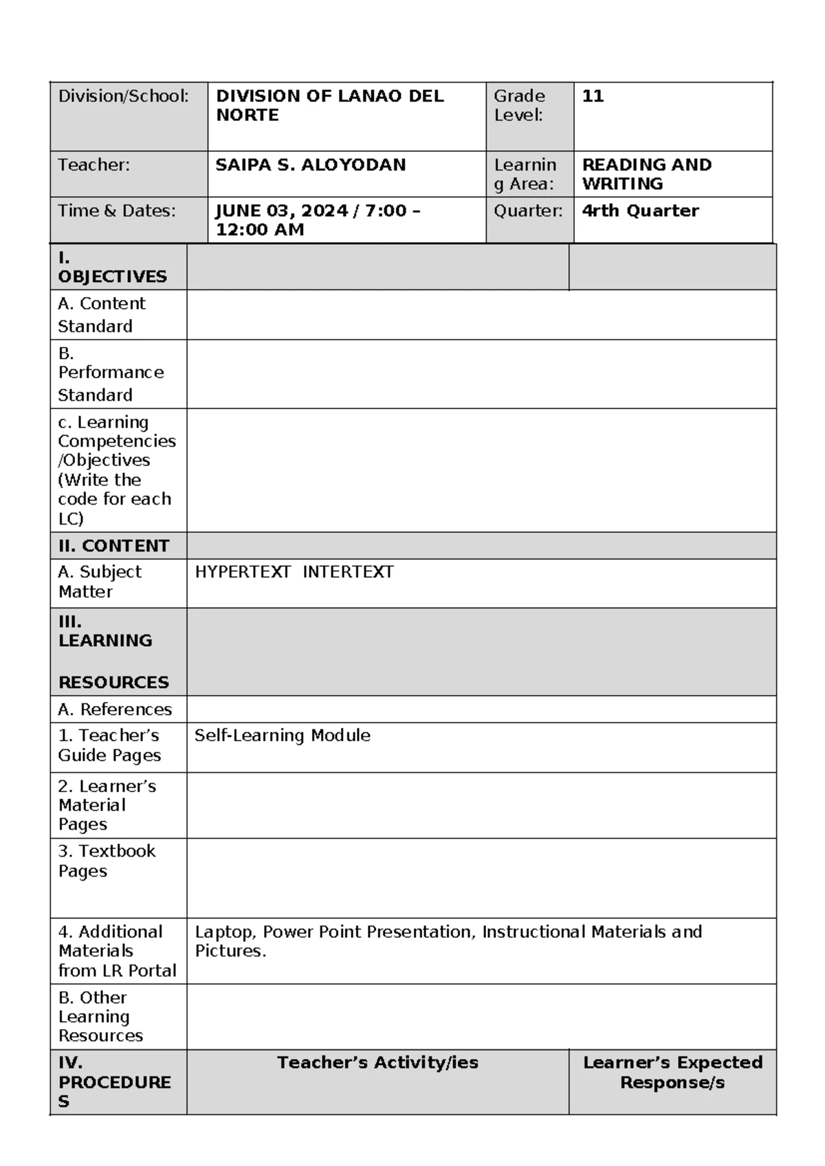 COT-1 Reading and Writing Lesson Plan for Grade 11 Students - Studocu