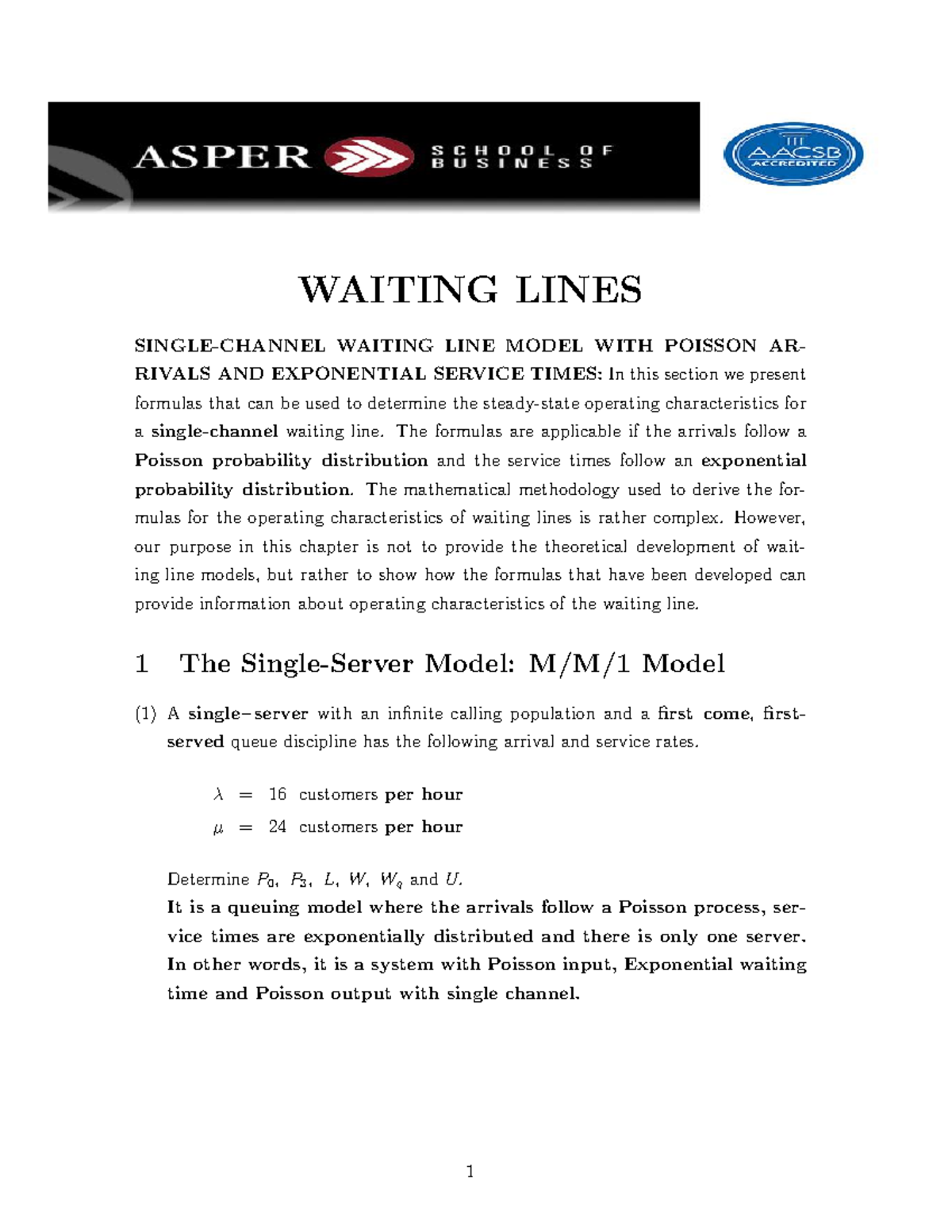 Waiting Lines M/M/1 & M/G/1 Models: Sample Questions & Solutions - Studocu