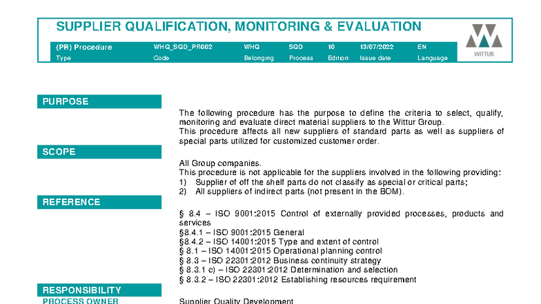 WHQ SQD PR002 - Supplier Qualification & Monitoring Evaluation ...