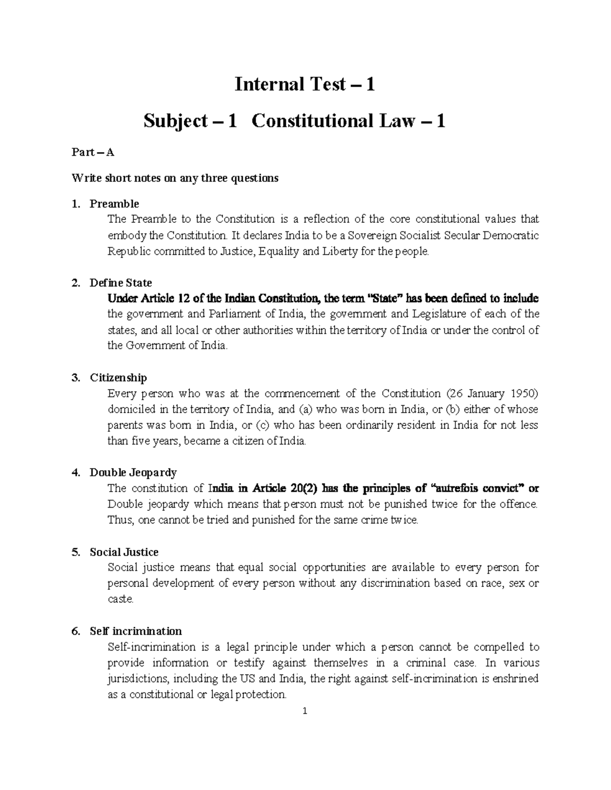 Constitutional Law I - LLB 1st Sem Internal Test 1 Brief Notes for ...