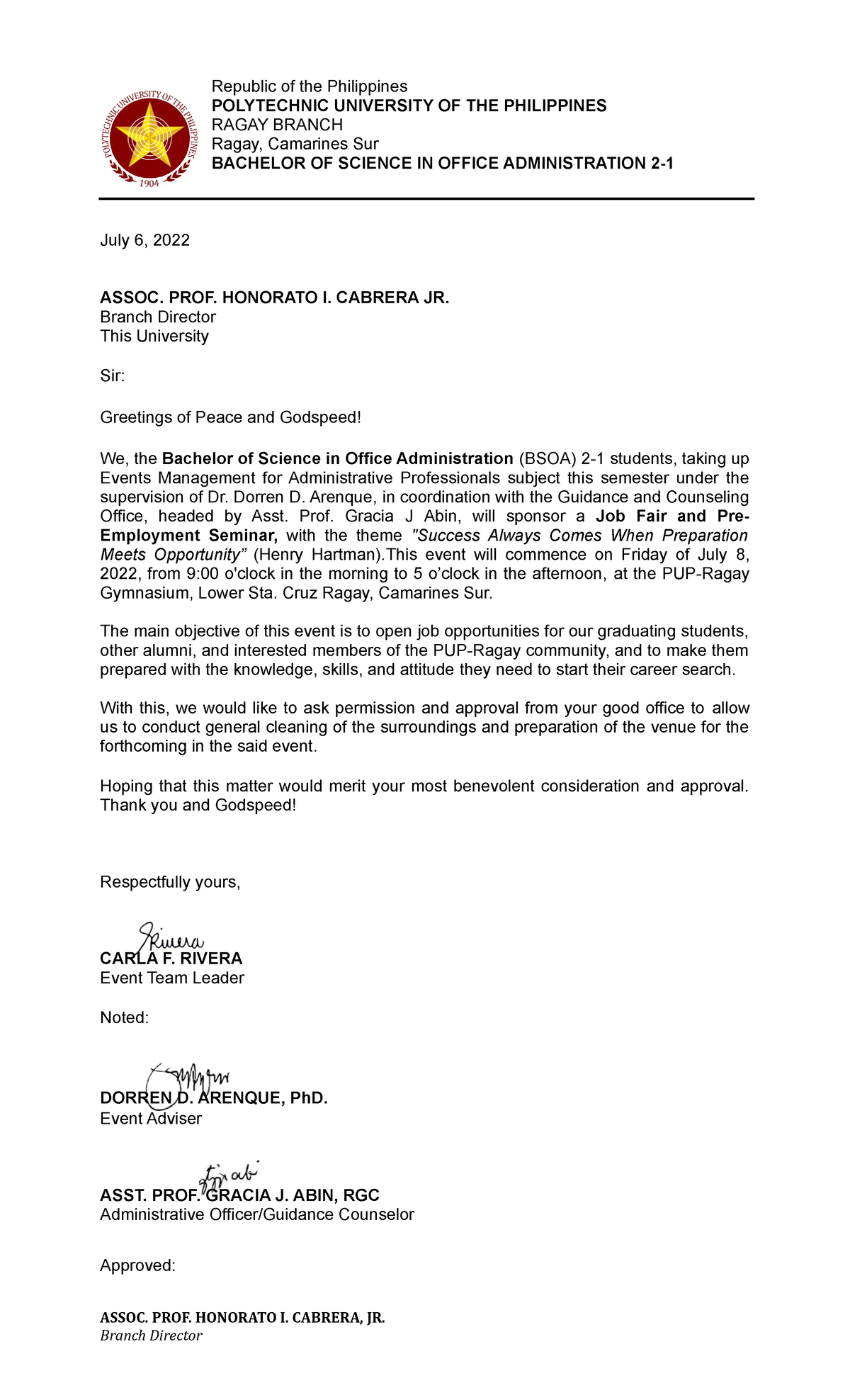 Approval Letter for Job Fair & Seminar - BSOA 2-1 Students - Studocu