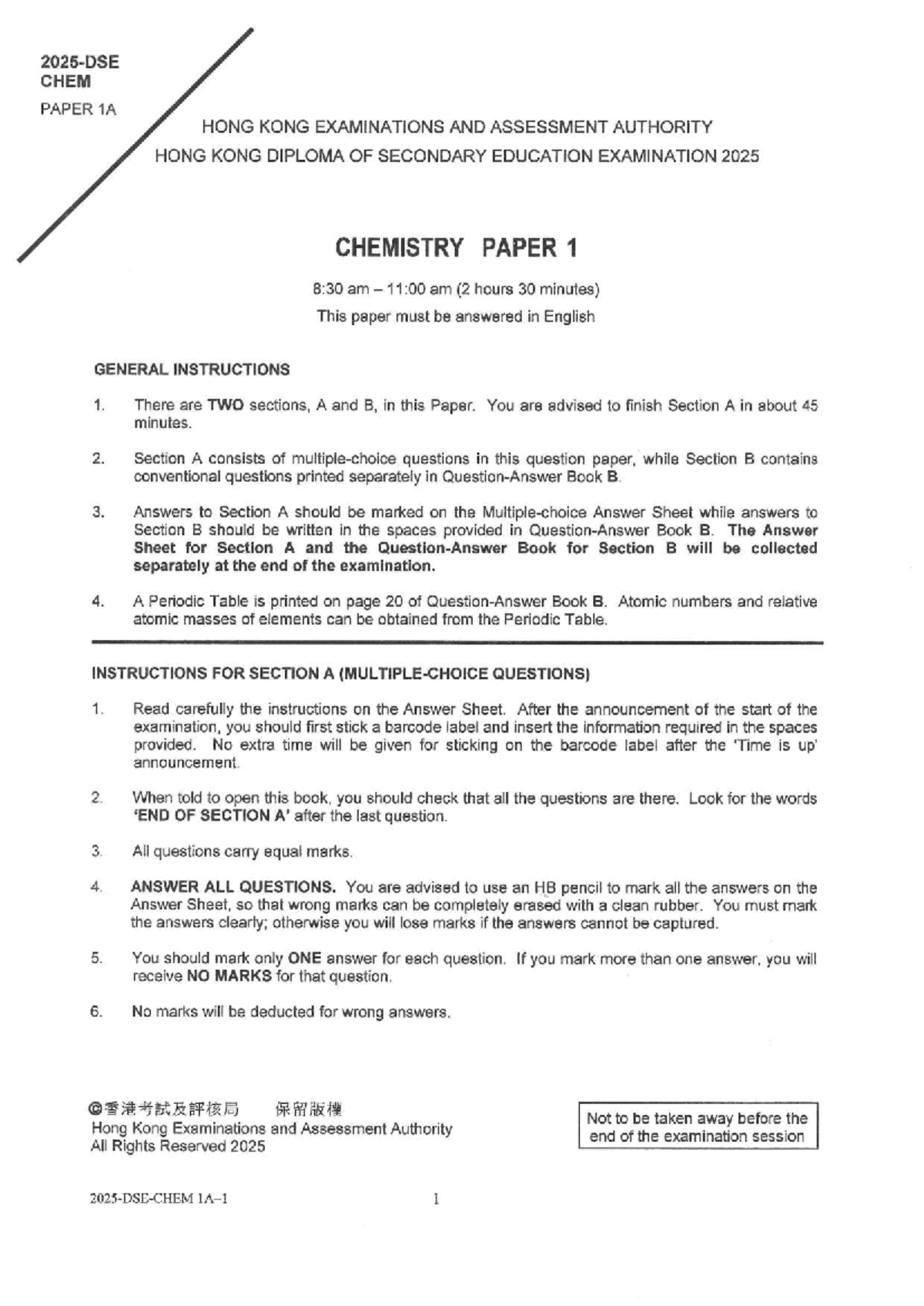 CHEM 2025 P1A - HKDSE Chemistry Exam Paper 1 Guide - Studocu