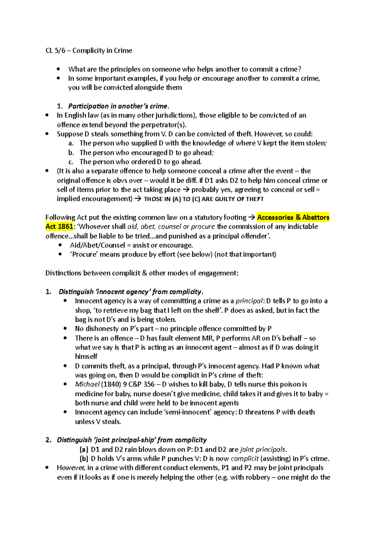 CL 5&6 - Lent Term - CL 5/6 – Complicity in Crime What are the ...