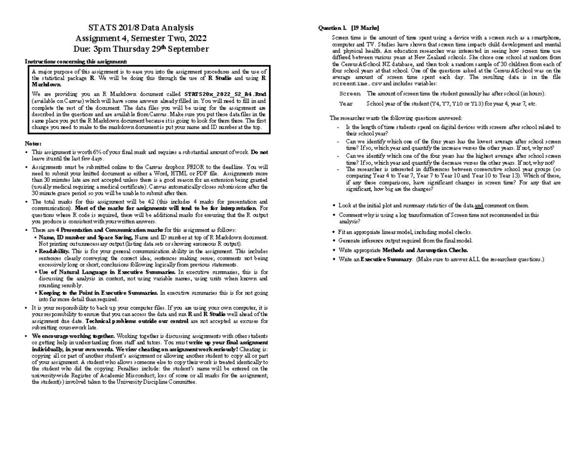 20x Assignment 4 S2 22 Questions - STATS 201/8 Data Analysis Assignment ...