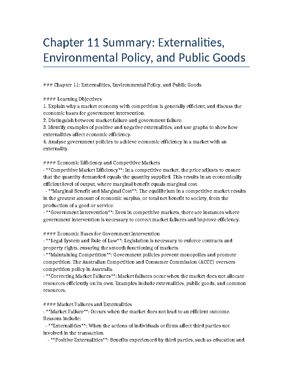 Chapter 11 Summary: Externalities, Environmental Policy, & Public Goods ...